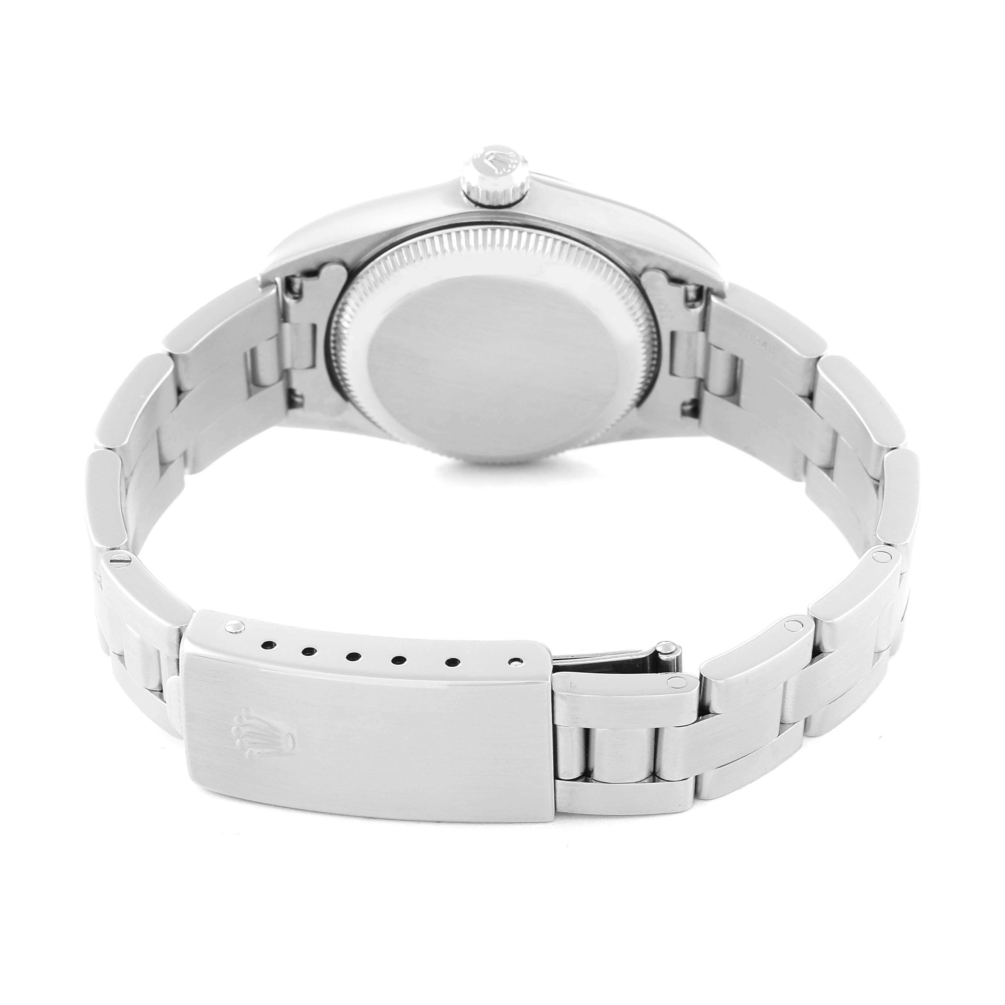 The image shows the back view of a Rolex Oyster Perpetual 76080 Women
s Stainless Steel Blue Dial 76080 Women
s Stainless Steel Blue Dial watch, including the closed clasp and bracelet.