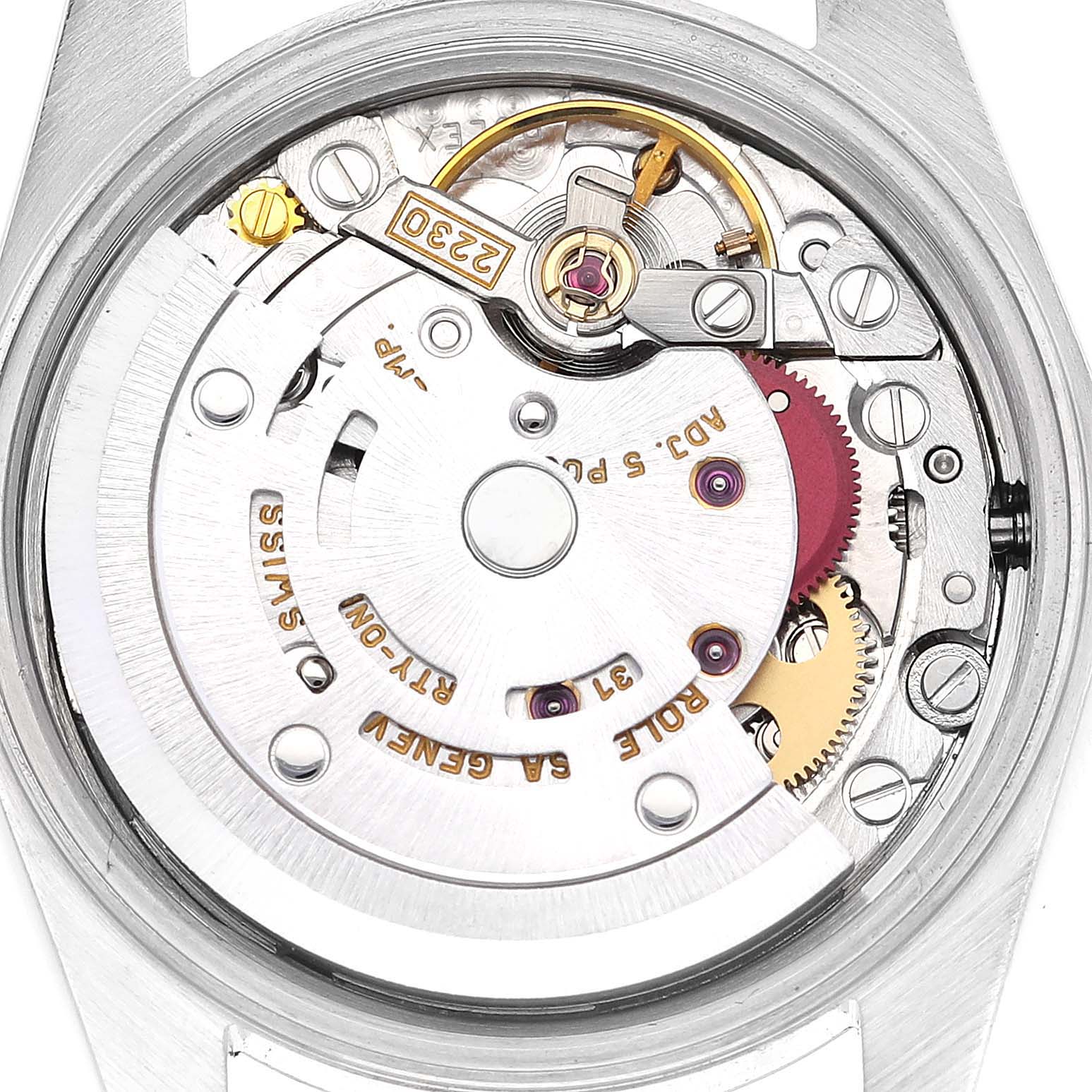 This image shows the intricate internal mechanism of a Rolex Oyster Perpetual 76080 Women
s Stainless Steel Blue Dial 76080 Women
s Stainless Steel Blue Dial watch viewed from the back case.