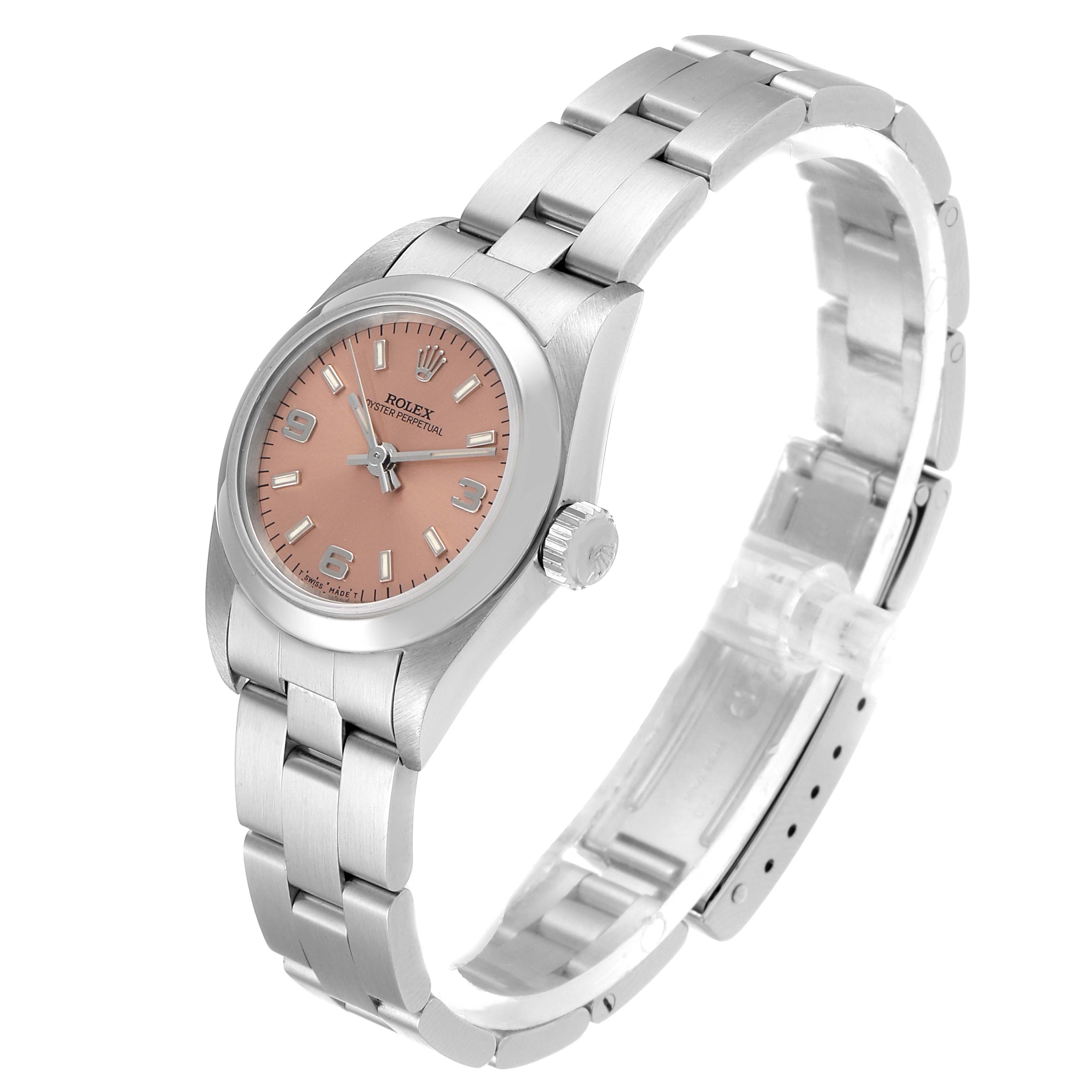 The image shows a side and front view of a Rolex Oyster Perpetual 67180 Women's Stainless Steel Pink Dial 67180 Women's Stainless Steel Pink Dial watch, highlighting the dial, case, bracelet, and clasp.