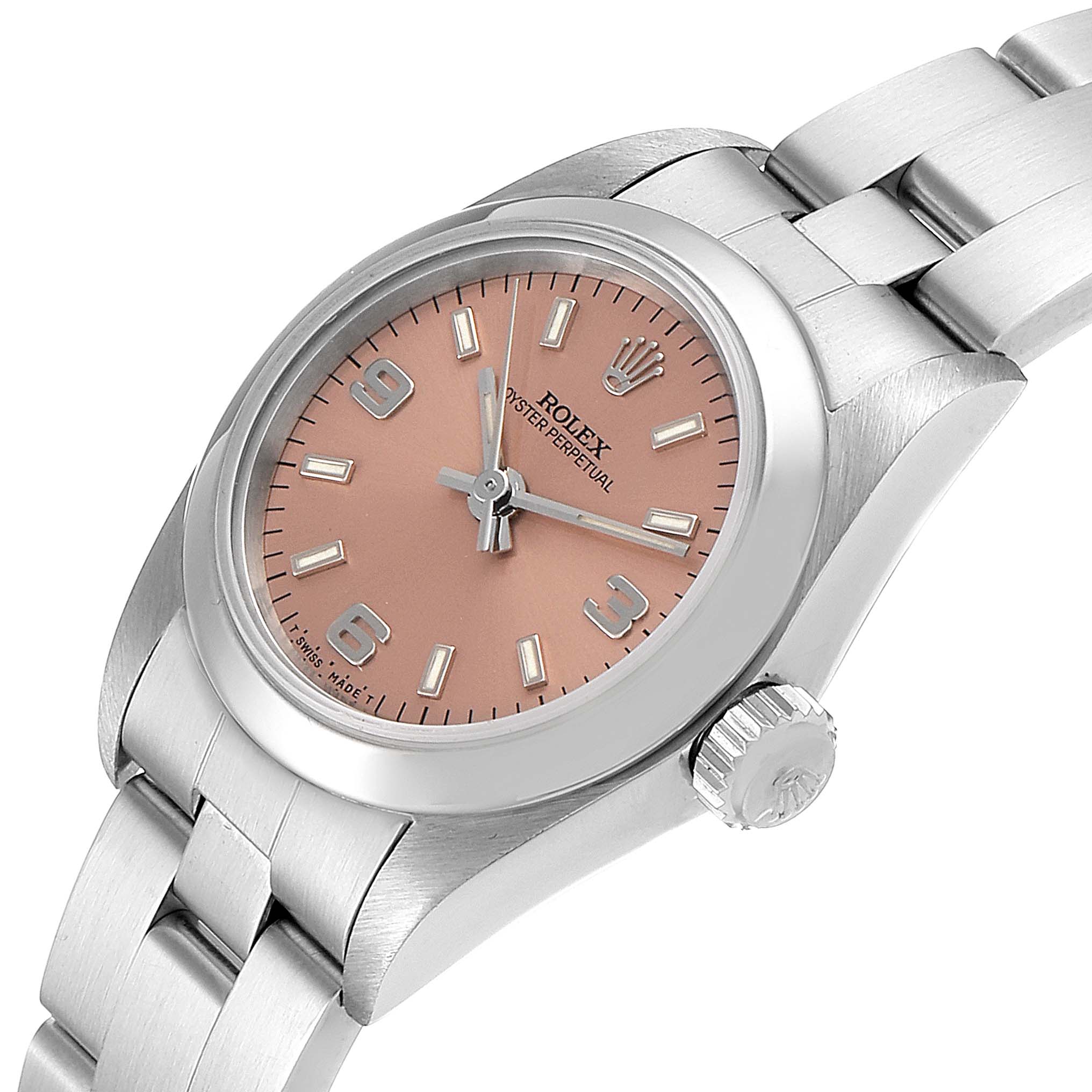 The image shows a Rolex Oyster Perpetual 67180 Women's Stainless Steel Pink Dial 67180 Women's Stainless Steel Pink Dial watch from an angled top view, highlighting its dial, bracelet, and crown.