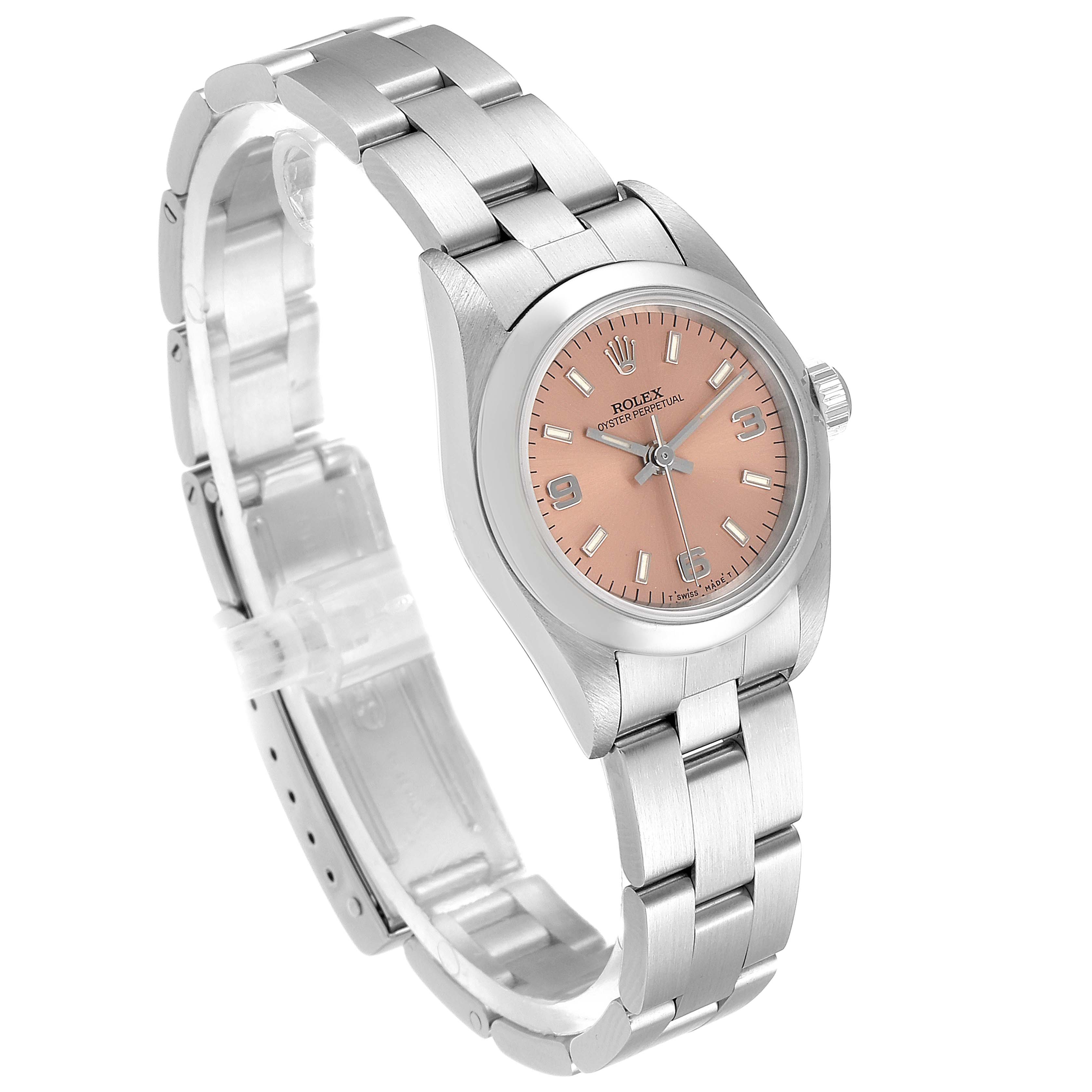 The Rolex Oyster Perpetual 67180 Women's Stainless Steel Pink Dial 67180 Women's Stainless Steel Pink Dial watch is shown at a three-quarter angle, displaying the dial, bracelet, and case.