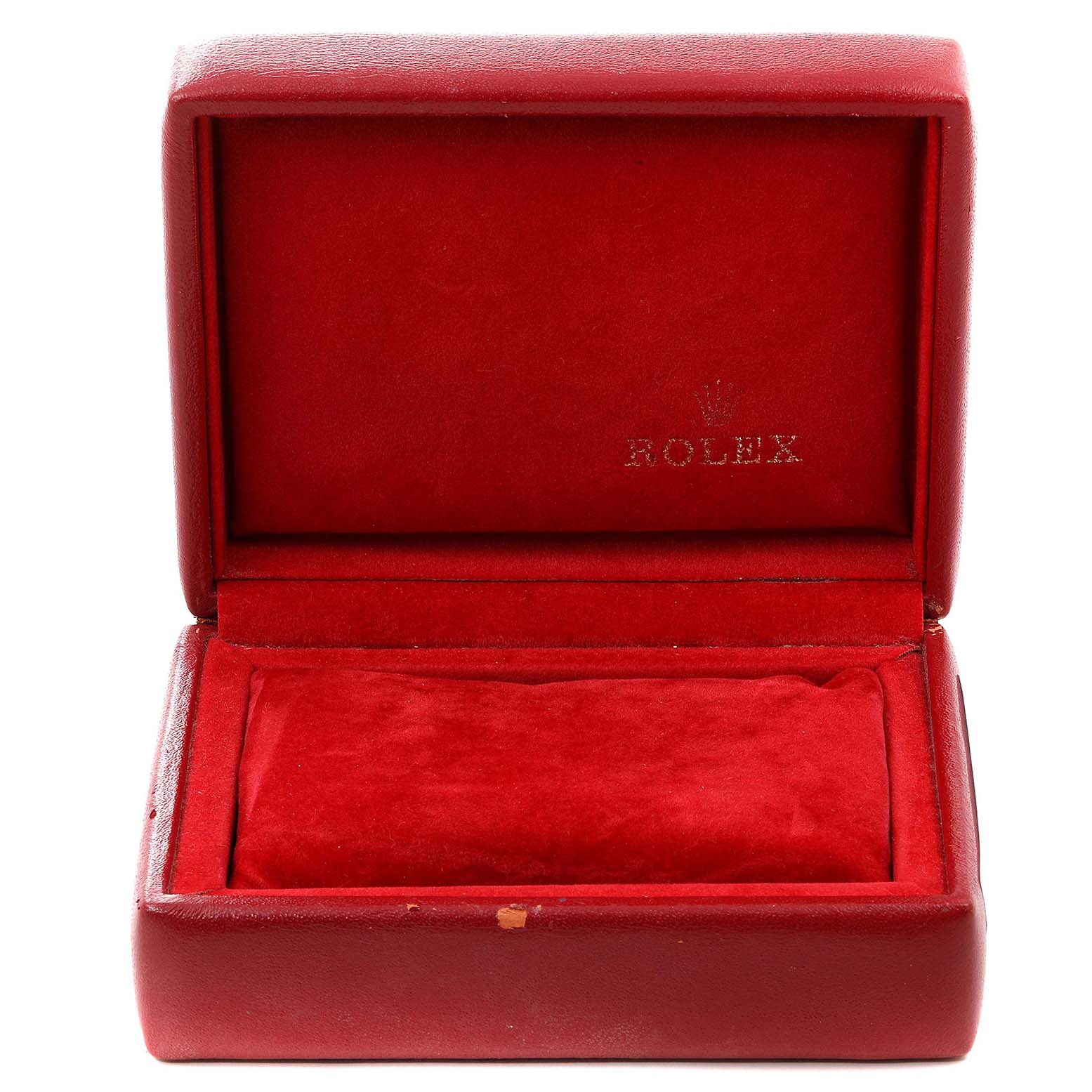 The image shows an empty red box designed for a Rolex Oyster Perpetual 67180 Women's Stainless Steel Pink Dial 67180 Women's Stainless Steel Pink Dial watch, with the brand logo inside the lid.