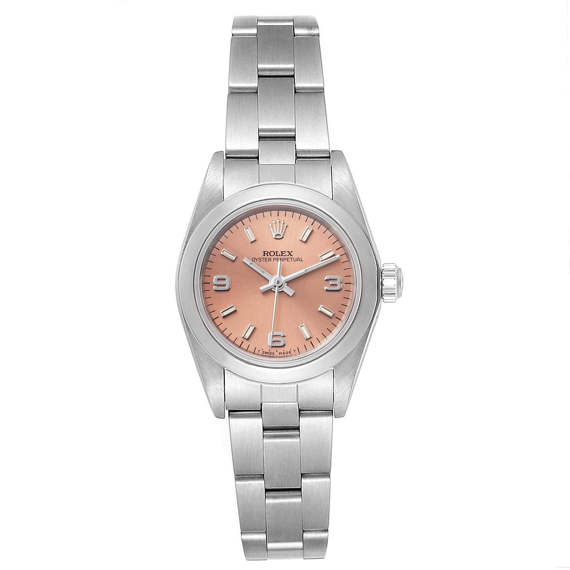 The image shows a front view of a Rolex Oyster Perpetual 67180 Women's Stainless Steel Pink Dial 67180 Women's Stainless Steel Pink Dial watch, highlighting its bracelet, case, and peach-colored dial.