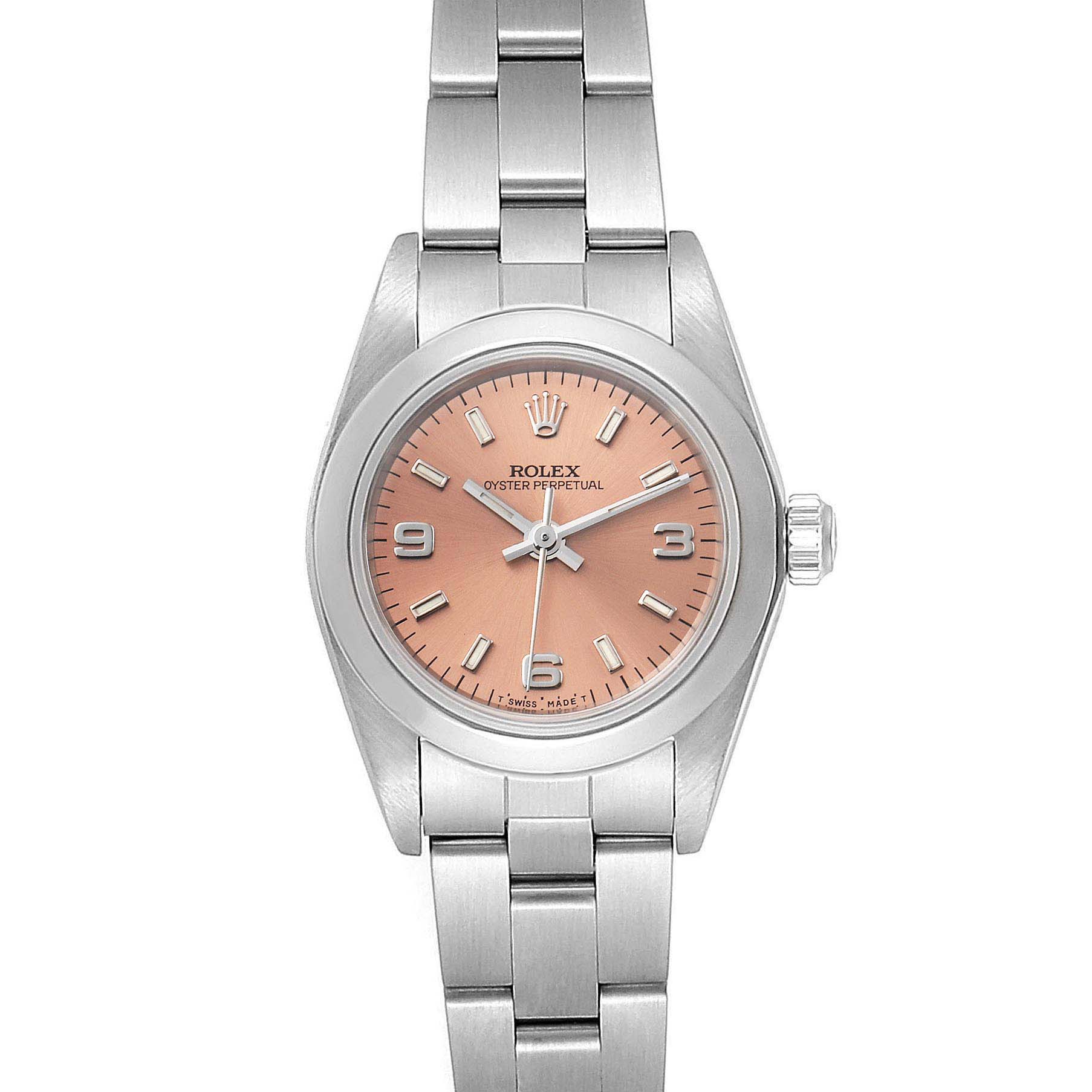 The Rolex Oyster Perpetual 67180 Women's Stainless Steel Pink Dial 67180 Women's Stainless Steel Pink Dial watch is shown from a top-down angle, highlighting the dial, crown, and bracelet.