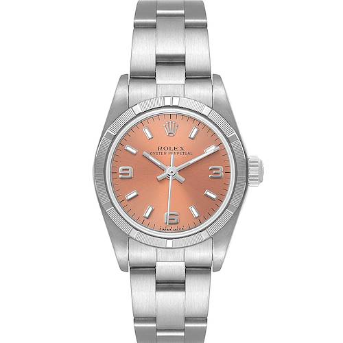 Photo of Rolex Oyster Perpetual Salmon Dial Engine Turned Bezel Steel Ladies Watch 76030