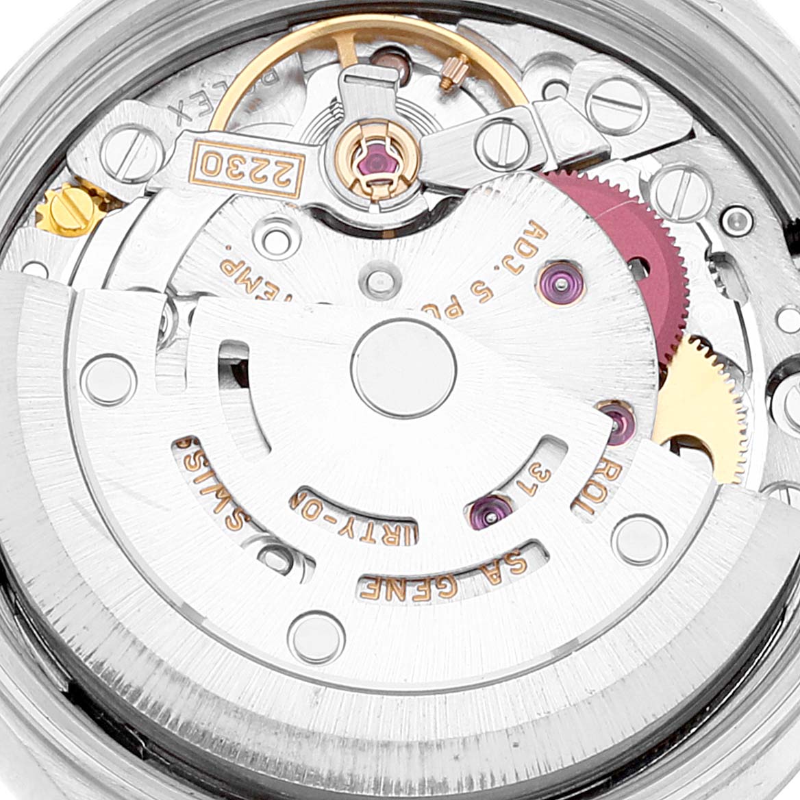 This image shows the internal mechanism of a Rolex Oyster Perpetual 76030 Women
s Stainless Steel Pink Dial 76030 Women
s Stainless Steel Pink Dial watch, focusing on its intricate movement components.