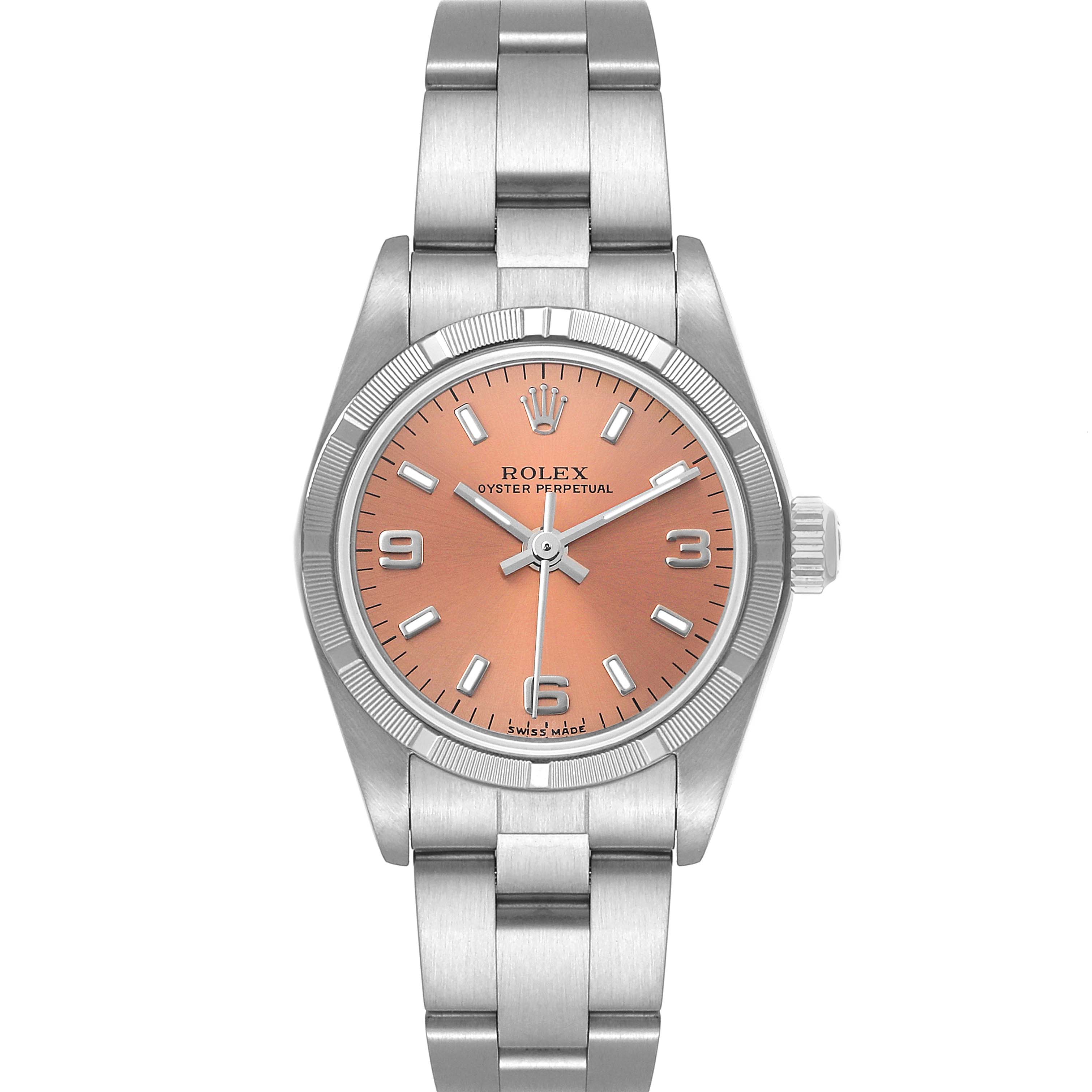 This image shows a front view of the Rolex Oyster Perpetual 76030 Women
s Stainless Steel Pink Dial 76030 Women
s Stainless Steel Pink Dial watch with a salmon-colored dial and stainless steel bracelet.