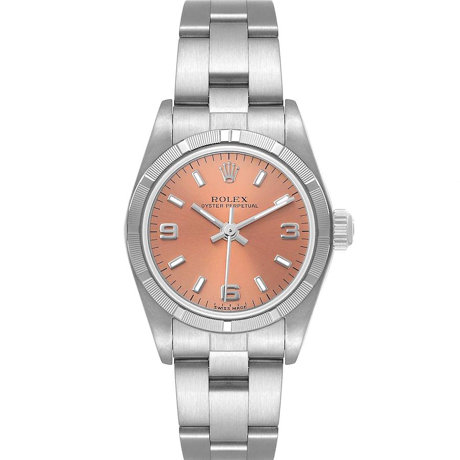 Rolex Oyster Perpetual Salmon Dial Engine Turned Bezel Steel Ladies Watch 76030 SwissWatchExpo