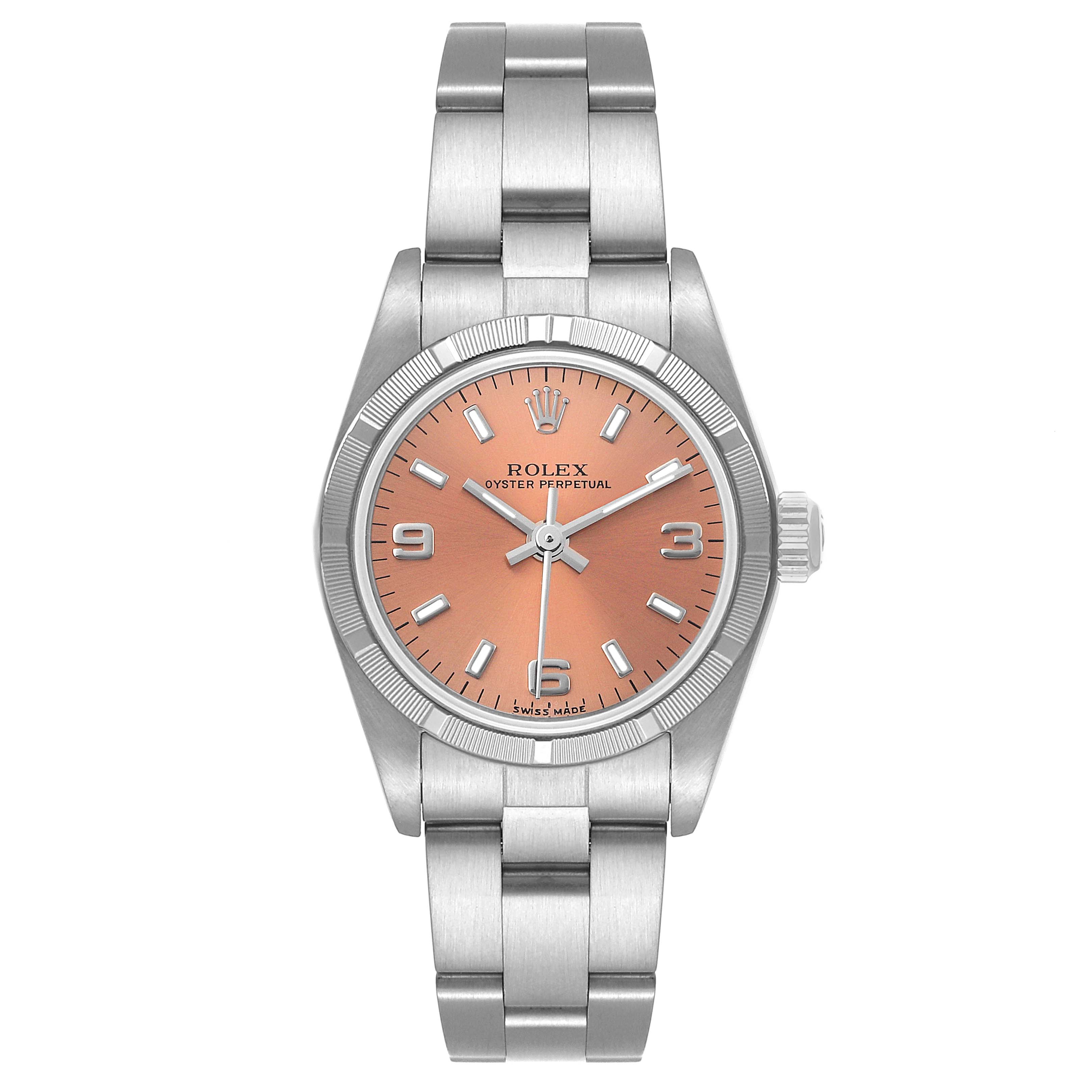 This image shows a front view of a Rolex Oyster Perpetual 76030 Women
s Stainless Steel Pink Dial 76030 Women
s Stainless Steel Pink Dial watch, highlighting the face, bezel, and bracelet.