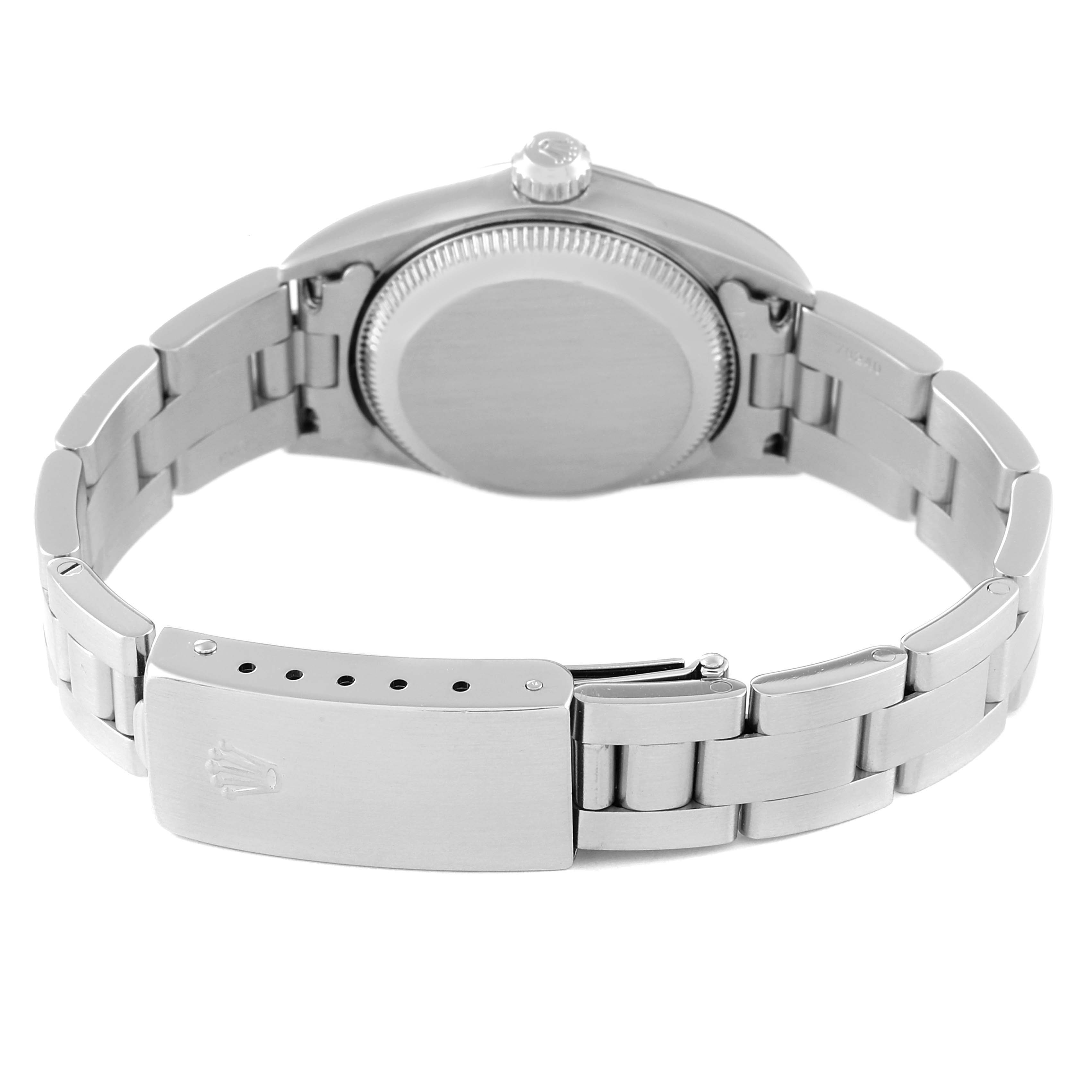 This image shows the back view of the Rolex Oyster Perpetual 76030 Women
s Stainless Steel Pink Dial 76030 Women
s Stainless Steel Pink Dial watch, highlighting the case back and bracelet clasp.