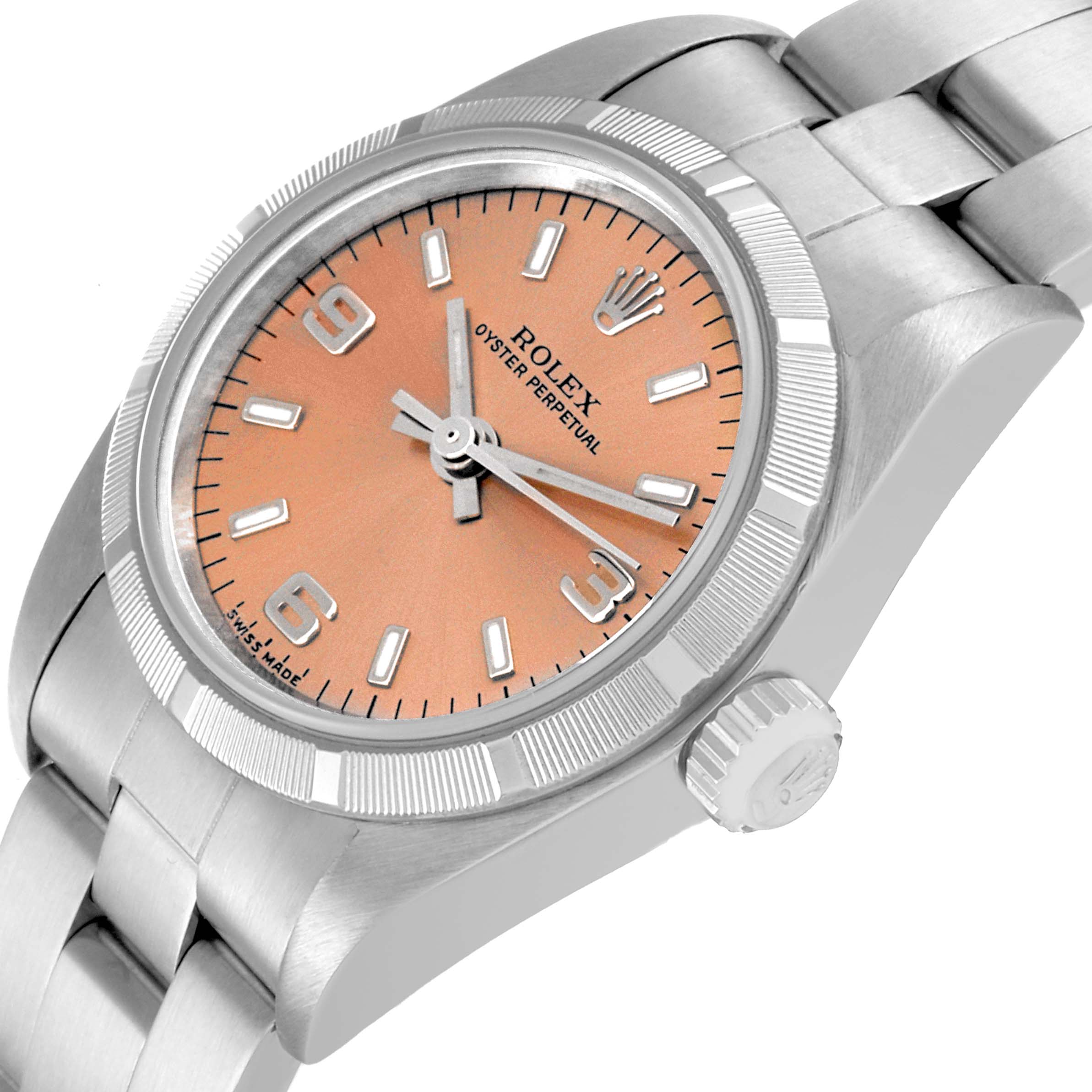 This image shows a close-up angle of the face, bezel, and part of the bracelet of a Rolex Oyster Perpetual 76030 Women
s Stainless Steel Pink Dial 76030 Women
s Stainless Steel Pink Dial watch.