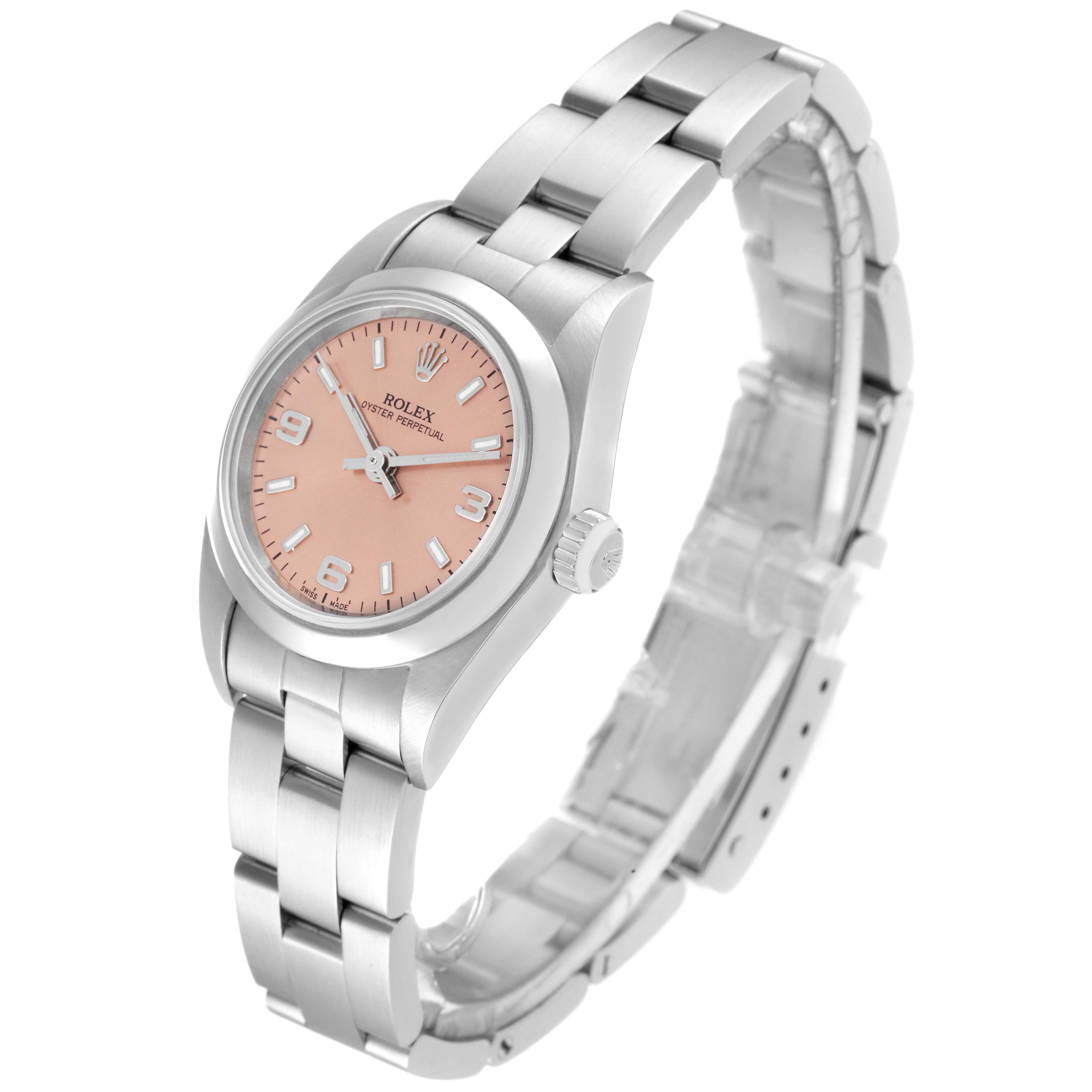 This image shows a Rolex Oyster Perpetual 76080 Women's Stainless Steel Orange Dial 76080 Women's Stainless Steel Orange Dial watch from a high-angle view, highlighting the pink dial, stainless steel case, and bracelet.