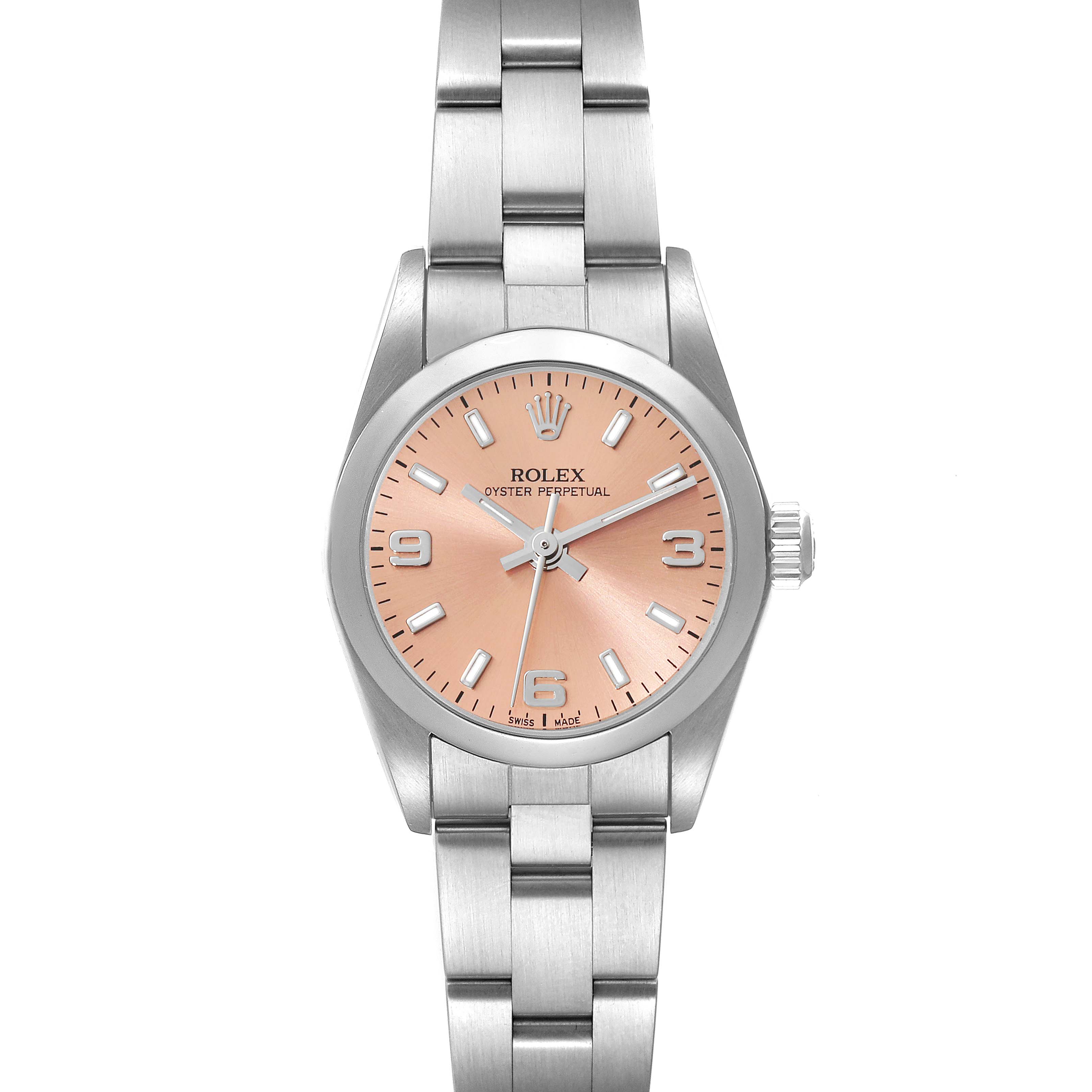 The Rolex Oyster Perpetual 76080 Women's Stainless Steel Orange Dial 76080 Women's Stainless Steel Orange Dial watch is shown from a front angle, displaying the face, bezel, and bracelet.