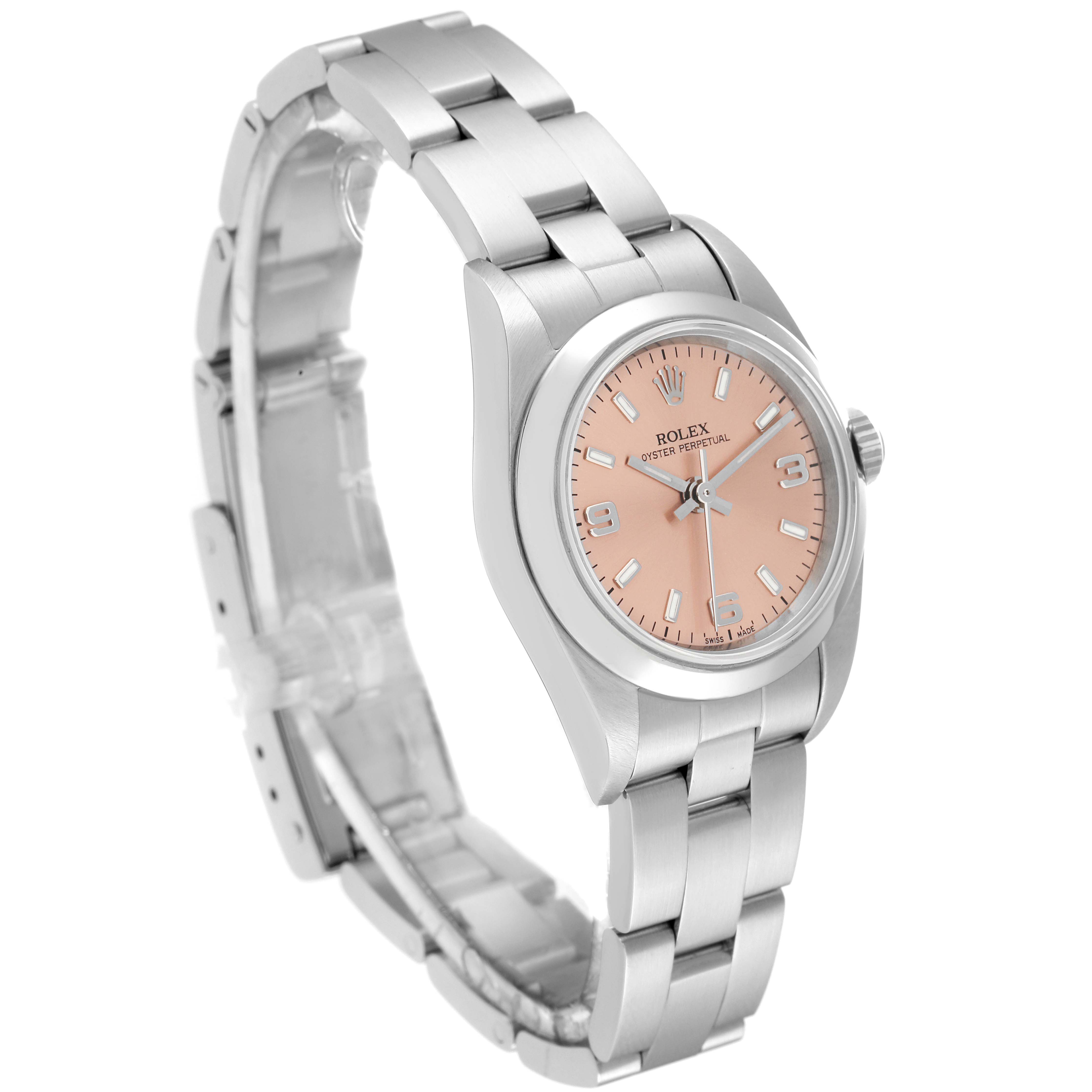 The image shows a side-angle view of a Rolex Oyster Perpetual 76080 Women's Stainless Steel Orange Dial 76080 Women's Stainless Steel Orange Dial watch, highlighting the face, bezel, and bracelet.
