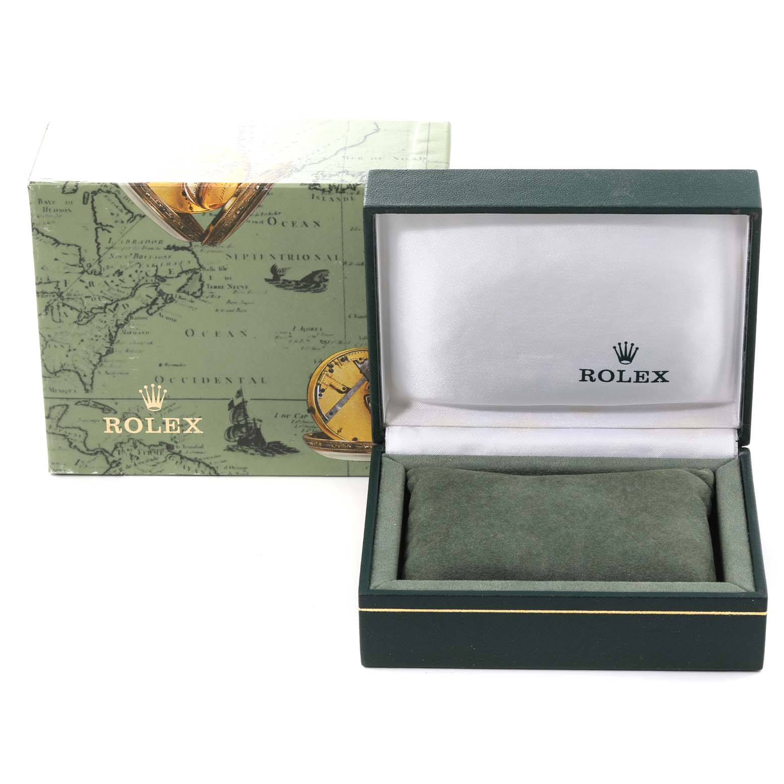 The image shows an empty Rolex Oyster Perpetual 76080 Women's Stainless Steel Orange Dial 76080 Women's Stainless Steel Orange Dial watch box with a decorative outer box in the background, viewed from the front.