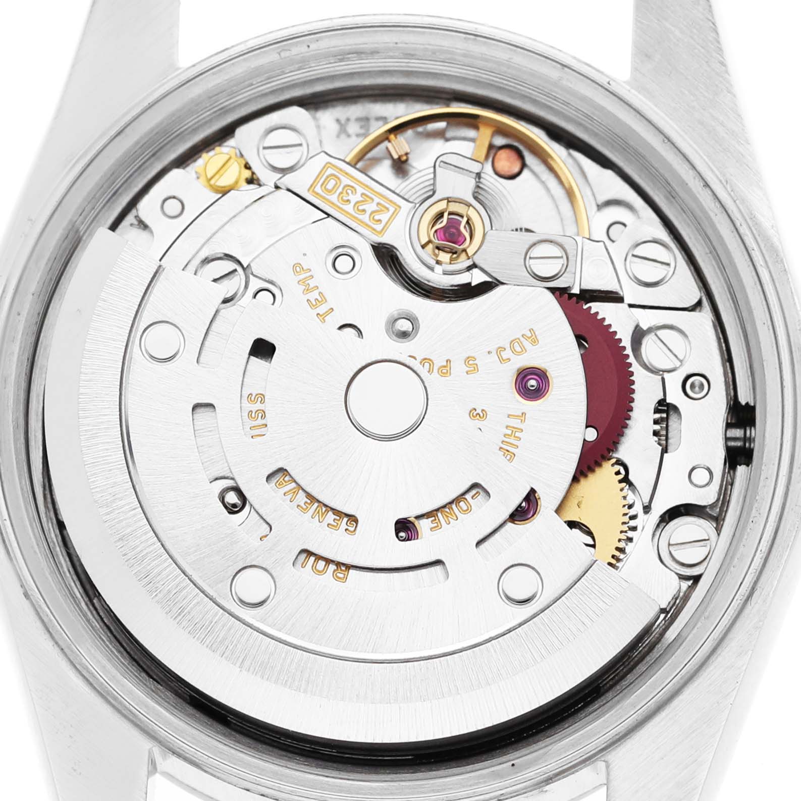 This image shows the internal movement mechanism of a Rolex Oyster Perpetual 76080 Women's Stainless Steel Orange Dial 76080 Women's Stainless Steel Orange Dial watch.