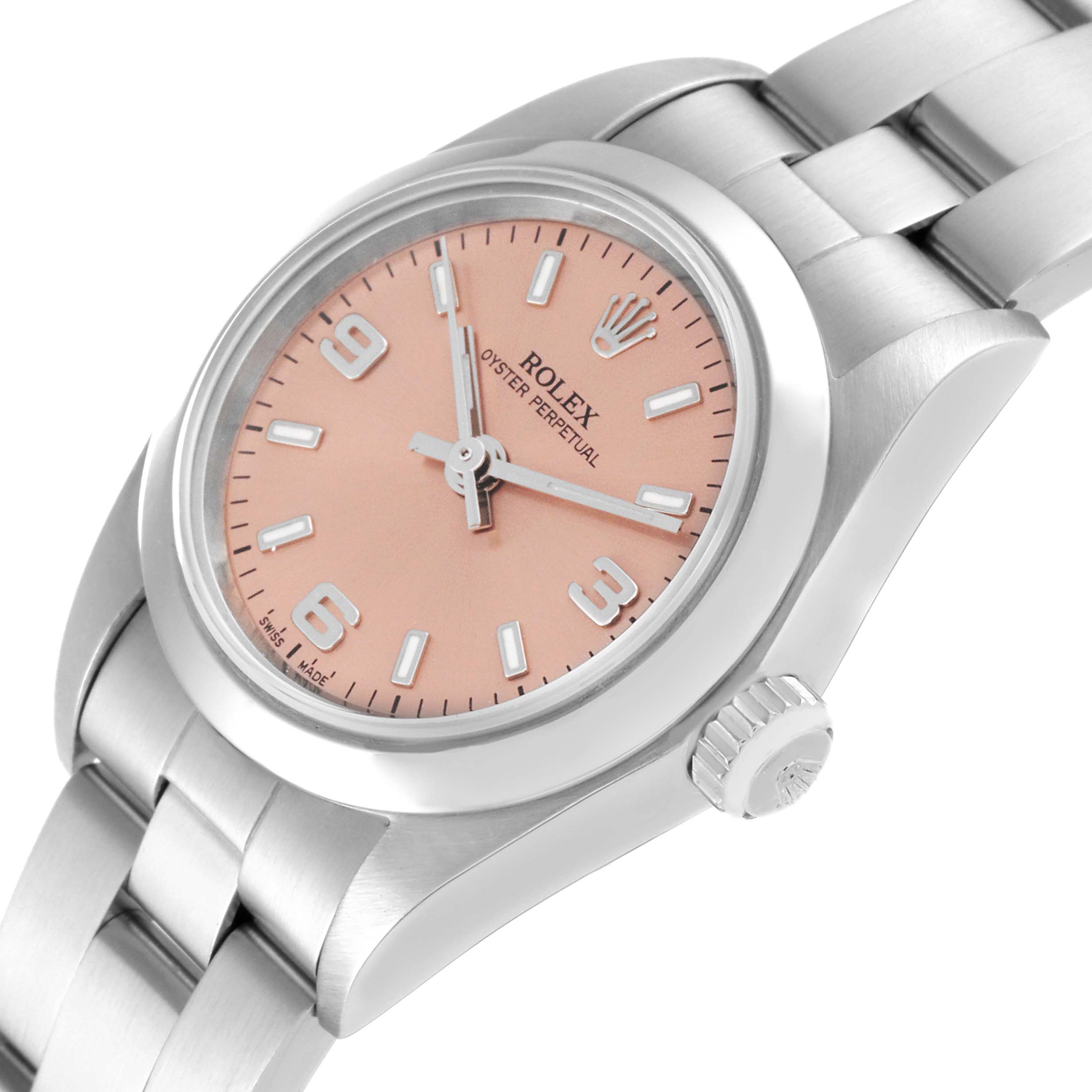The Rolex Oyster Perpetual 76080 Women's Stainless Steel Orange Dial 76080 Women's Stainless Steel Orange Dial watch is shown at a slight angled view, displaying the face, crown, and partial links of the bracelet.