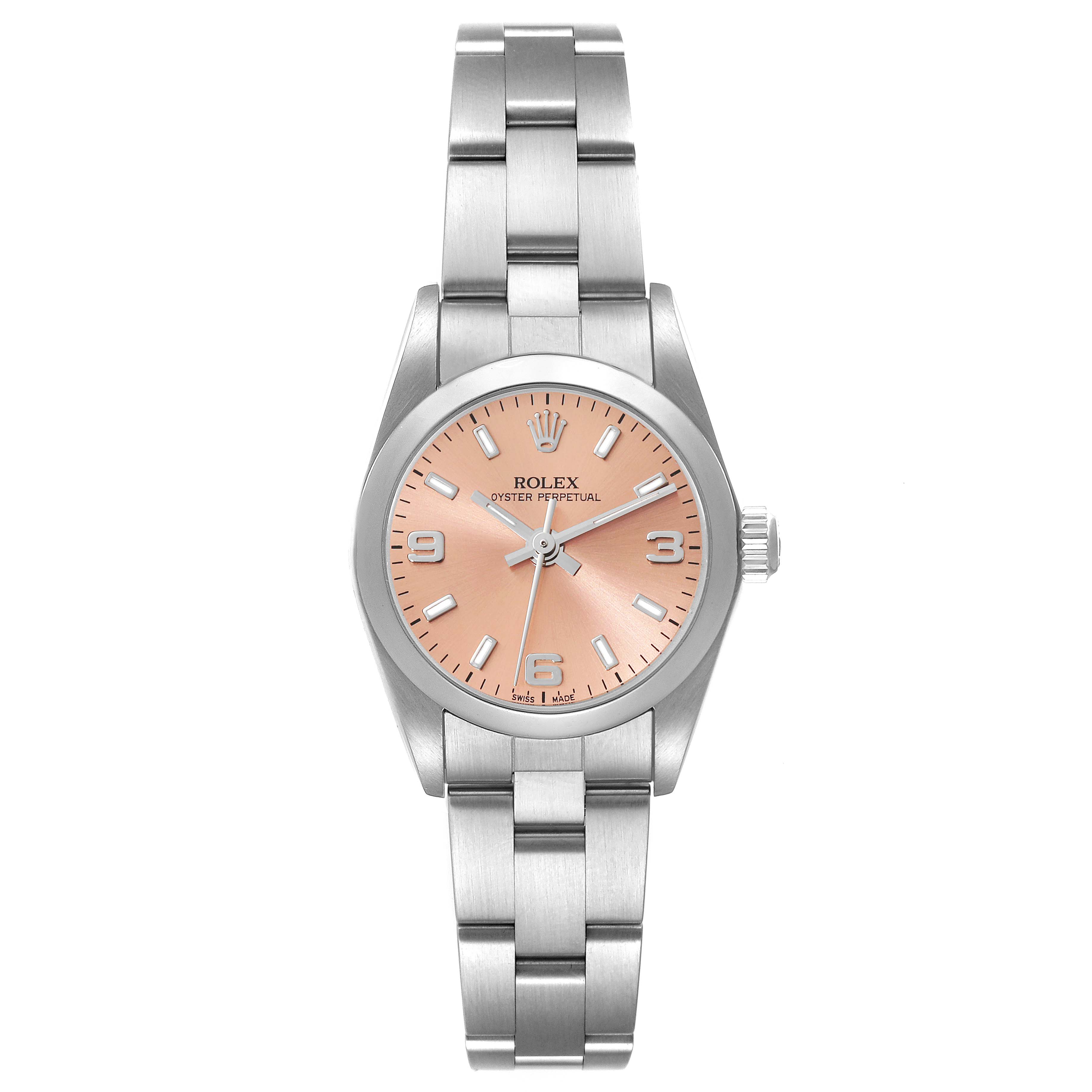 This is a front view of a Rolex Oyster Perpetual 76080 Women's Stainless Steel Orange Dial 76080 Women's Stainless Steel Orange Dial watch, showing the entire face and bracelet.