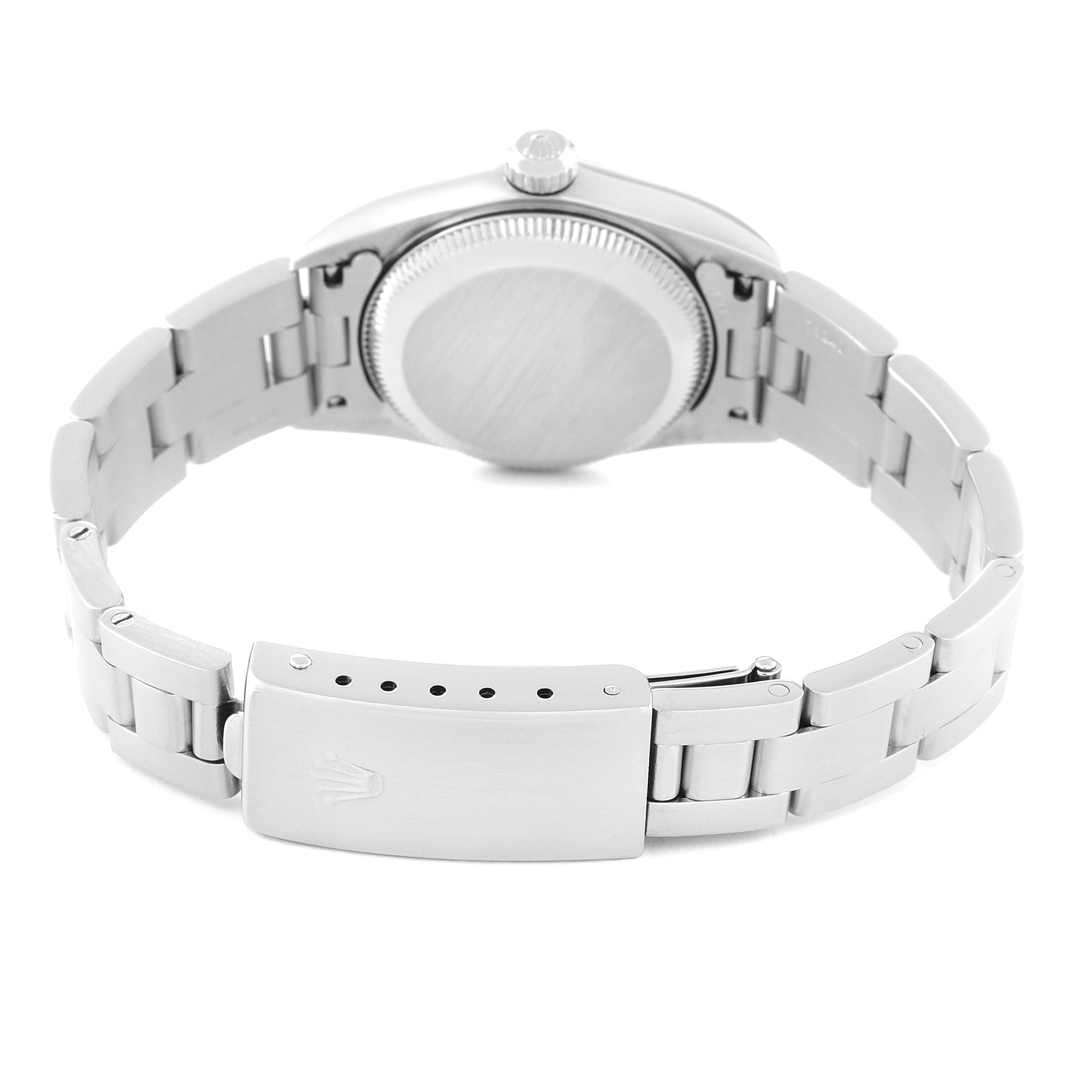 The image shows the backside of a Rolex Oyster Perpetual 76080 Women's Stainless Steel Orange Dial 76080 Women's Stainless Steel Orange Dial watch, highlighting its clasp and bracelet.