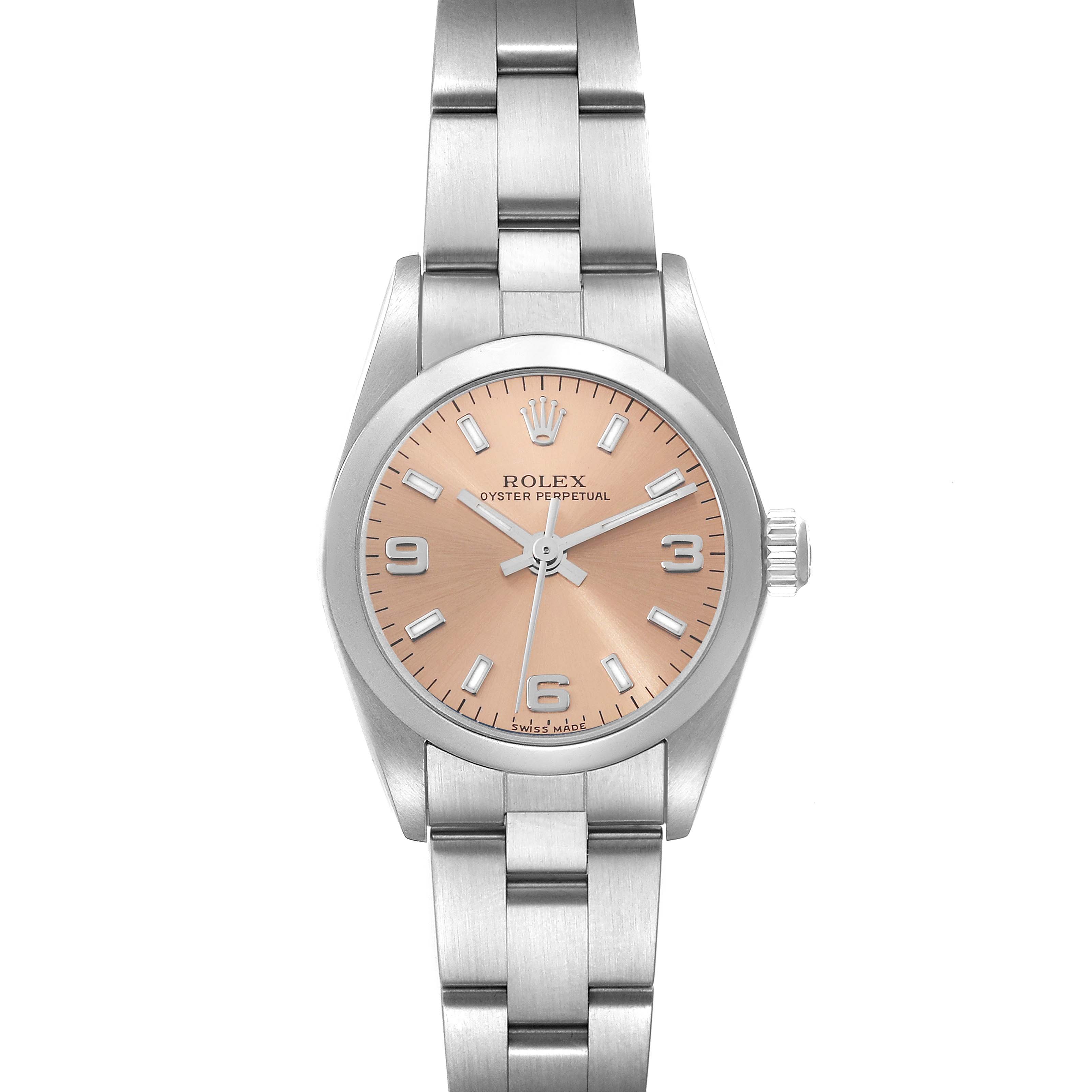 This image shows a front view of the Rolex Oyster Perpetual 76080 Women's Stainless Steel Orange Dial 76080 Women's Stainless Steel Orange Dial watch, highlighting the whole watch, including the face, dial, and bracelet.