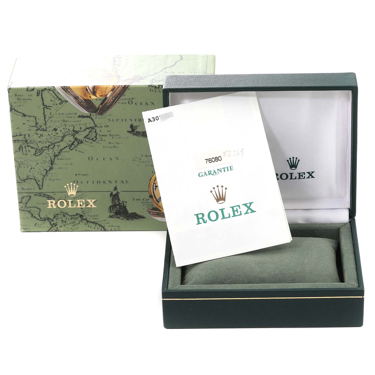 The image shows the packaging and warranty card for a Rolex Oyster Perpetual 76080 Women's Stainless Steel Orange Dial 76080 Women's Stainless Steel Orange Dial, including the box and guarantee booklet.