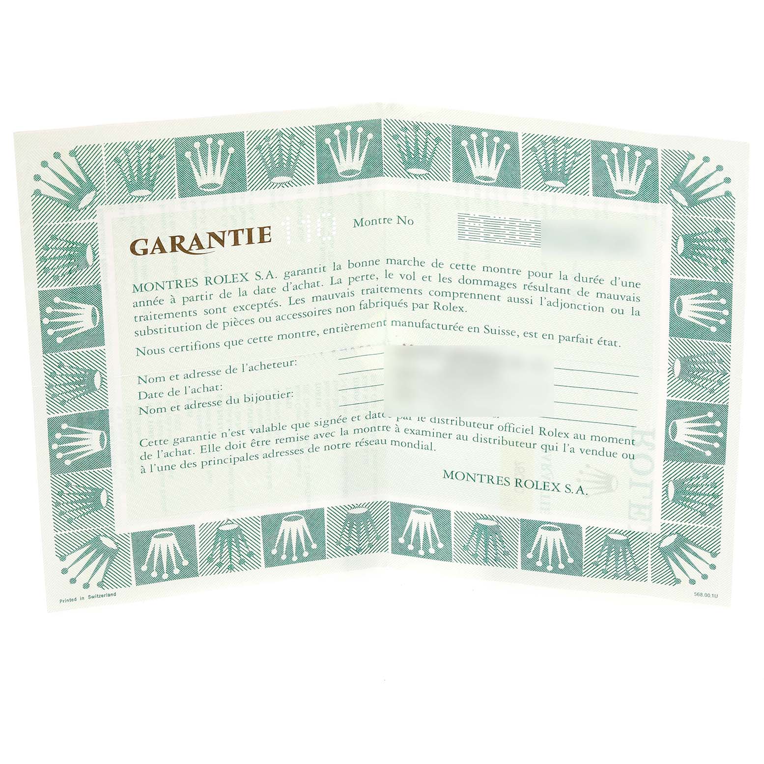 This image shows the warranty certificate for the Rolex Oyster Perpetual 76080 Women's Stainless Steel Orange Dial 76080 Women's Stainless Steel Orange Dial watch, featuring the brand's logo and verification details.