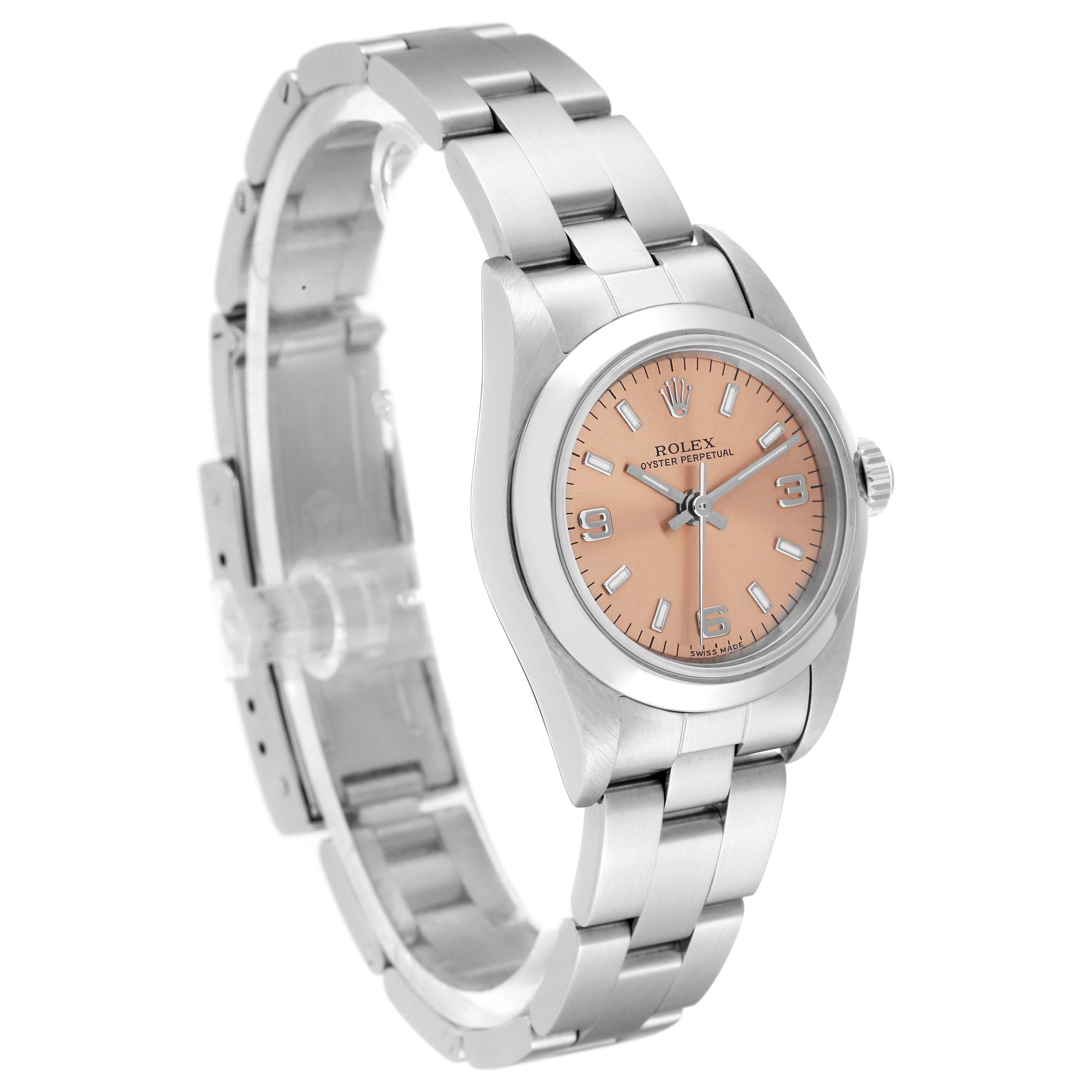 This image shows a side angle of a Rolex Oyster Perpetual 76080 Women's Stainless Steel Orange Dial 76080 Women's Stainless Steel Orange Dial watch with a silver metal band and a pink dial.