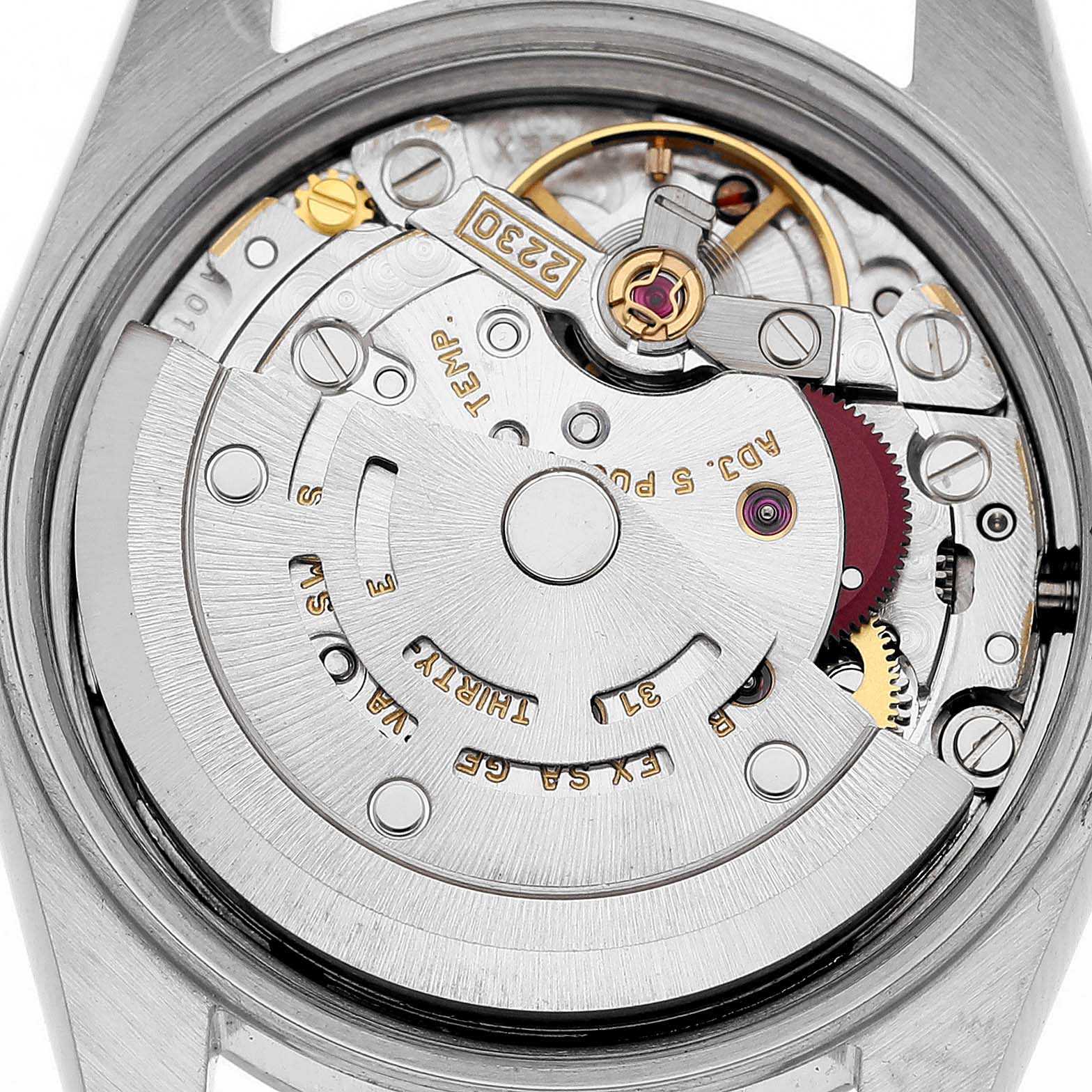 The image shows the inner movement mechanism of a Rolex Oyster Perpetual 76080 Women's Stainless Steel Orange Dial 76080 Women's Stainless Steel Orange Dial watch viewed from the back.