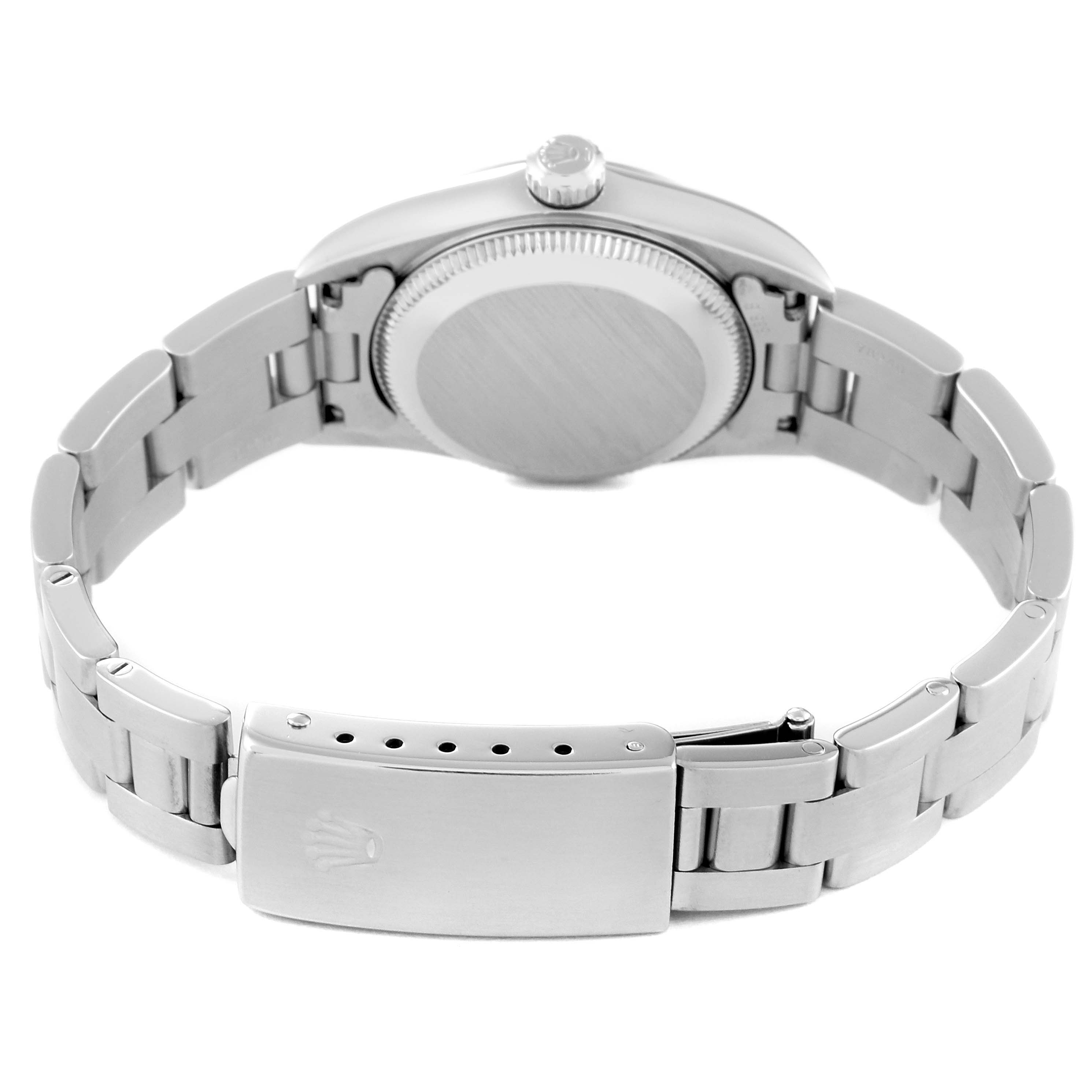 The image shows the back and clasp of the Rolex Oyster Perpetual 76080 Women's Stainless Steel Orange Dial 76080 Women's Stainless Steel Orange Dial watch at an angled rear view.