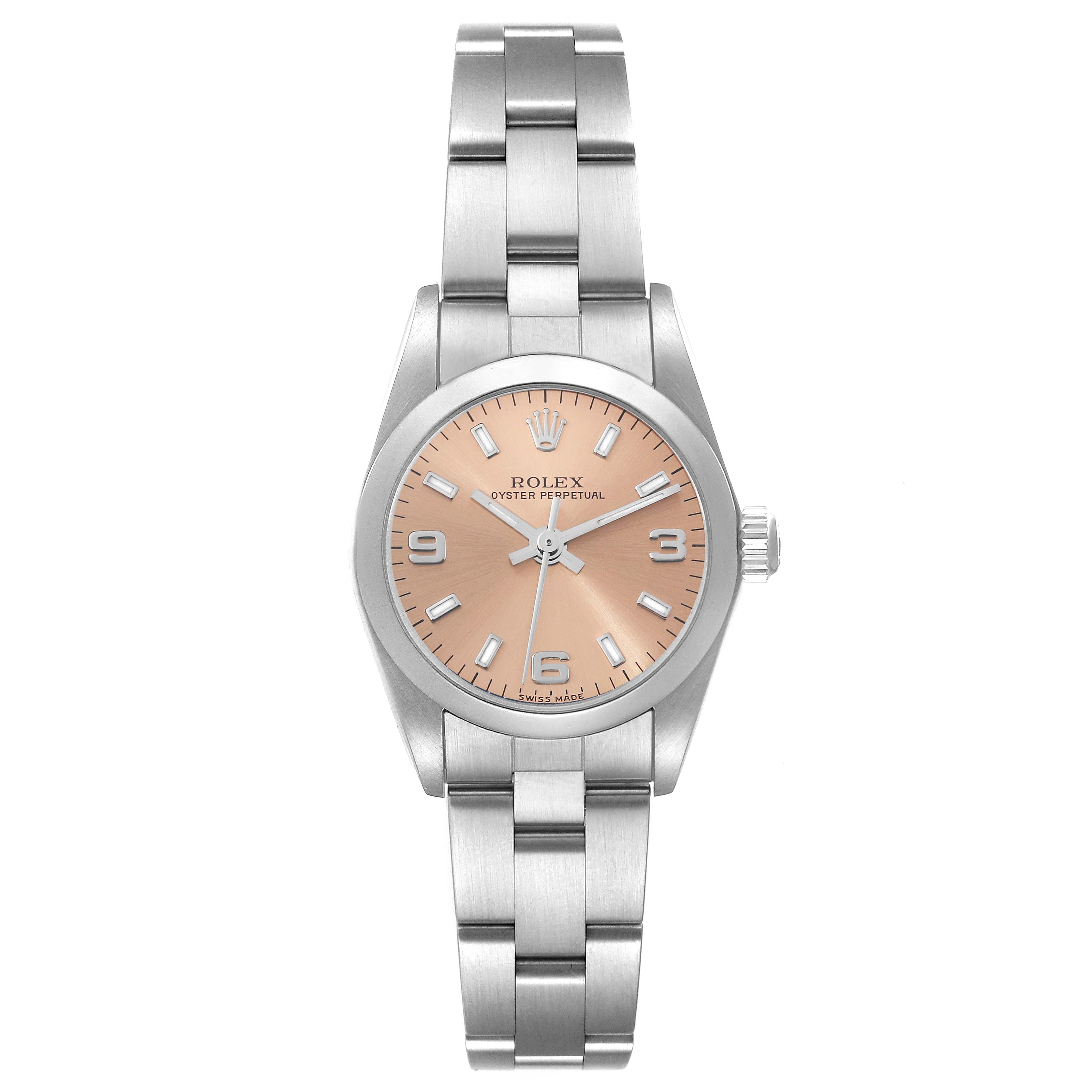 The image shows a frontal view of the Rolex Oyster Perpetual 76080 Women's Stainless Steel Orange Dial 76080 Women's Stainless Steel Orange Dial watch, highlighting the dial, bracelet, and crown.
