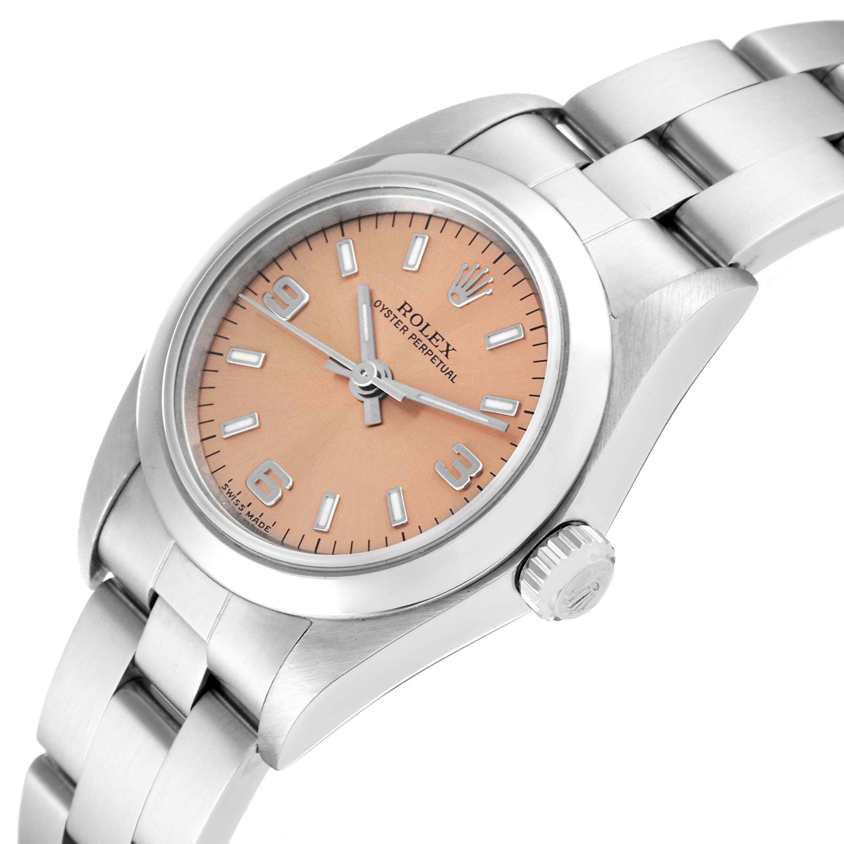The Rolex Oyster Perpetual 76080 Women's Stainless Steel Orange Dial 76080 Women's Stainless Steel Orange Dial watch is shown at an angled view, highlighting the dial, crown, and bracelet.