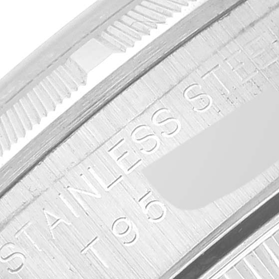 This image shows a close-up of the stainless steel bracelet of a Rolex Oyster Perpetual 67230 Women's Stainless Steel Silver Dial 67230 Women's Stainless Steel Silver Dial watch.