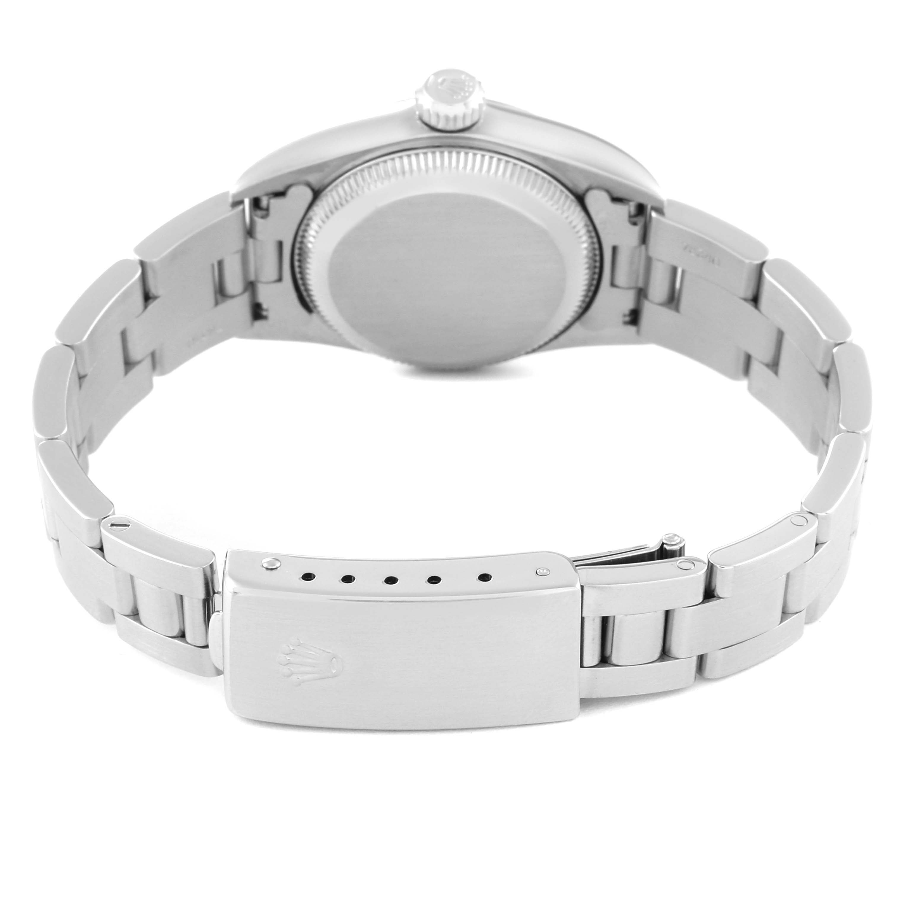 This image shows the back view of a Rolex Oyster Perpetual 67230 Women's Stainless Steel Silver Dial 67230 Women's Stainless Steel Silver Dial watch, highlighting the clasp, bracelet, and case back.
