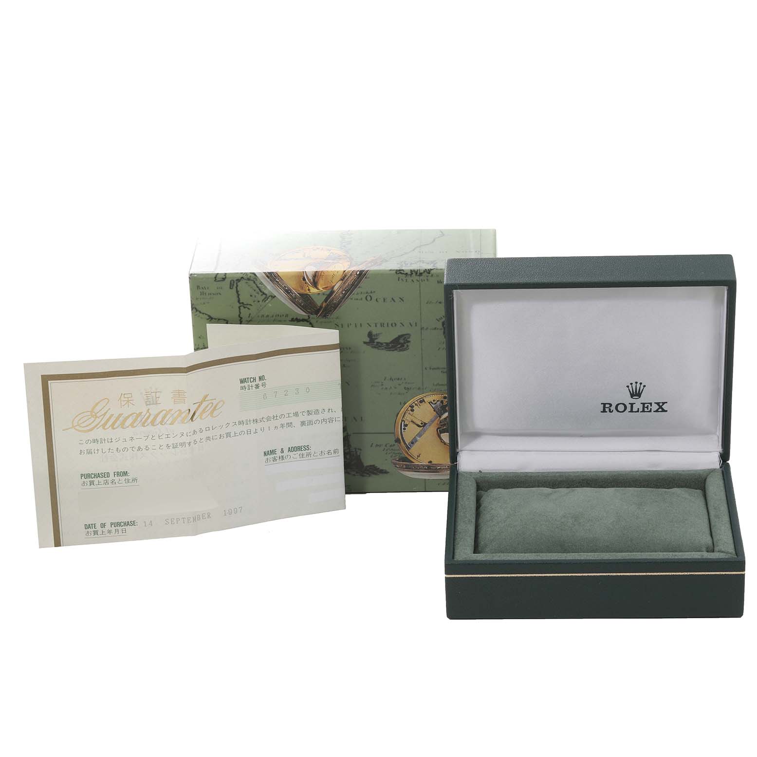 The image shows an empty Rolex Oyster Perpetual 67230 Women's Stainless Steel Silver Dial 67230 Women's Stainless Steel Silver Dial watch box, warranty card, and outer packaging.