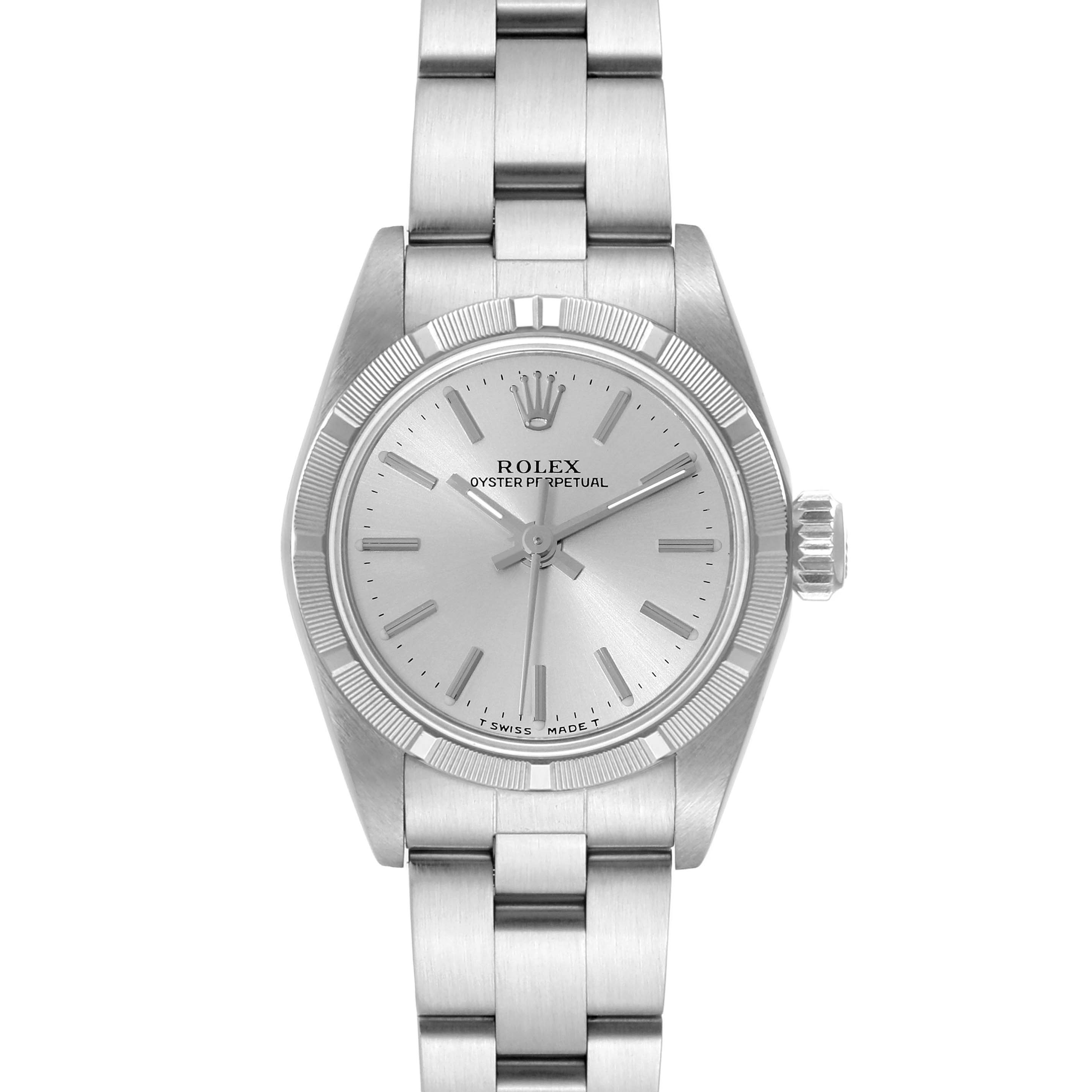 This image shows a front view of a Rolex Oyster Perpetual 67230 Women's Stainless Steel Silver Dial 67230 Women's Stainless Steel Silver Dial watch, displaying the watch face, bezel, crown, and part of the bracelet.