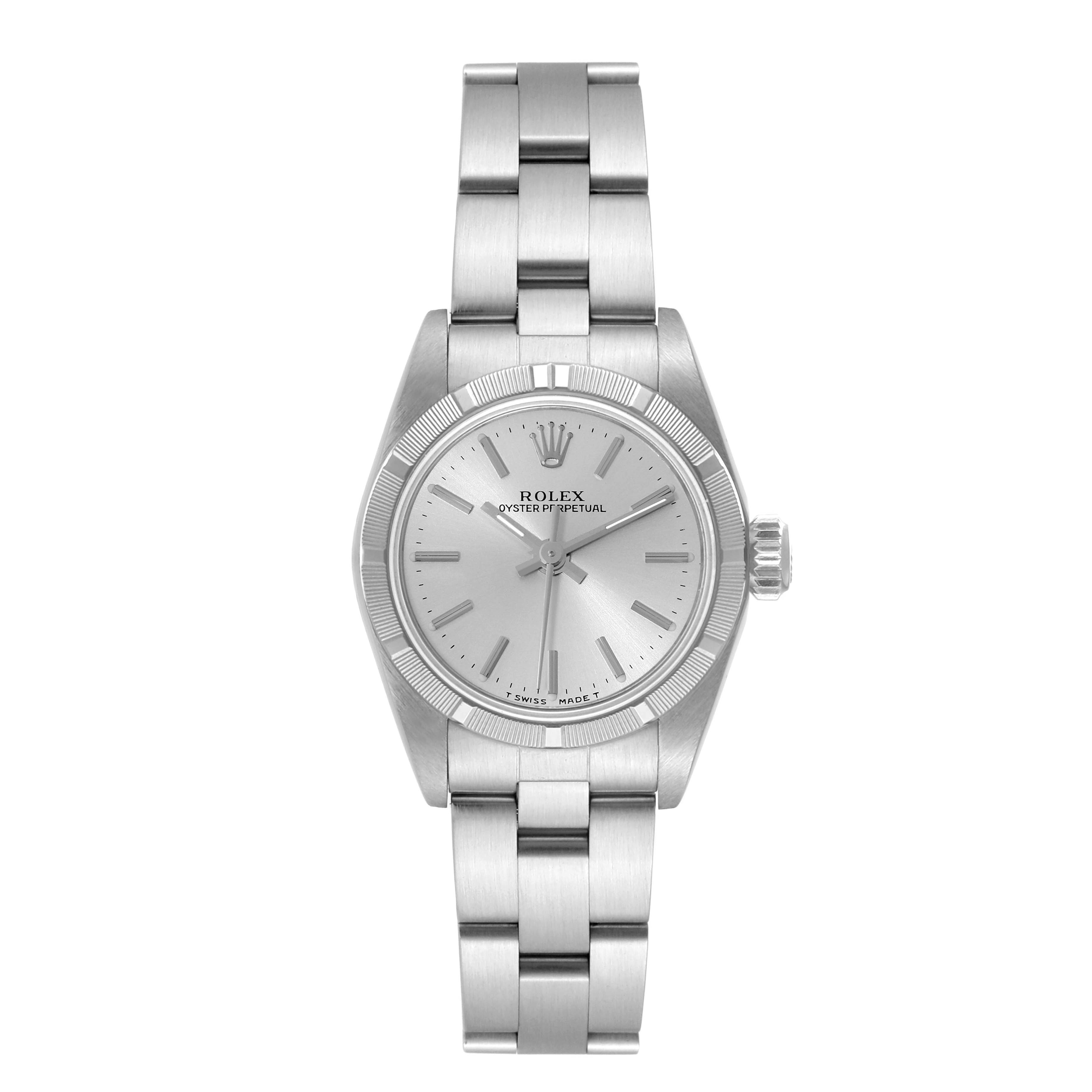 This image shows a front view of a Rolex Oyster Perpetual 67230 Women's Stainless Steel Silver Dial 67230 Women's Stainless Steel Silver Dial watch, displaying its face, bracelet, and crown.