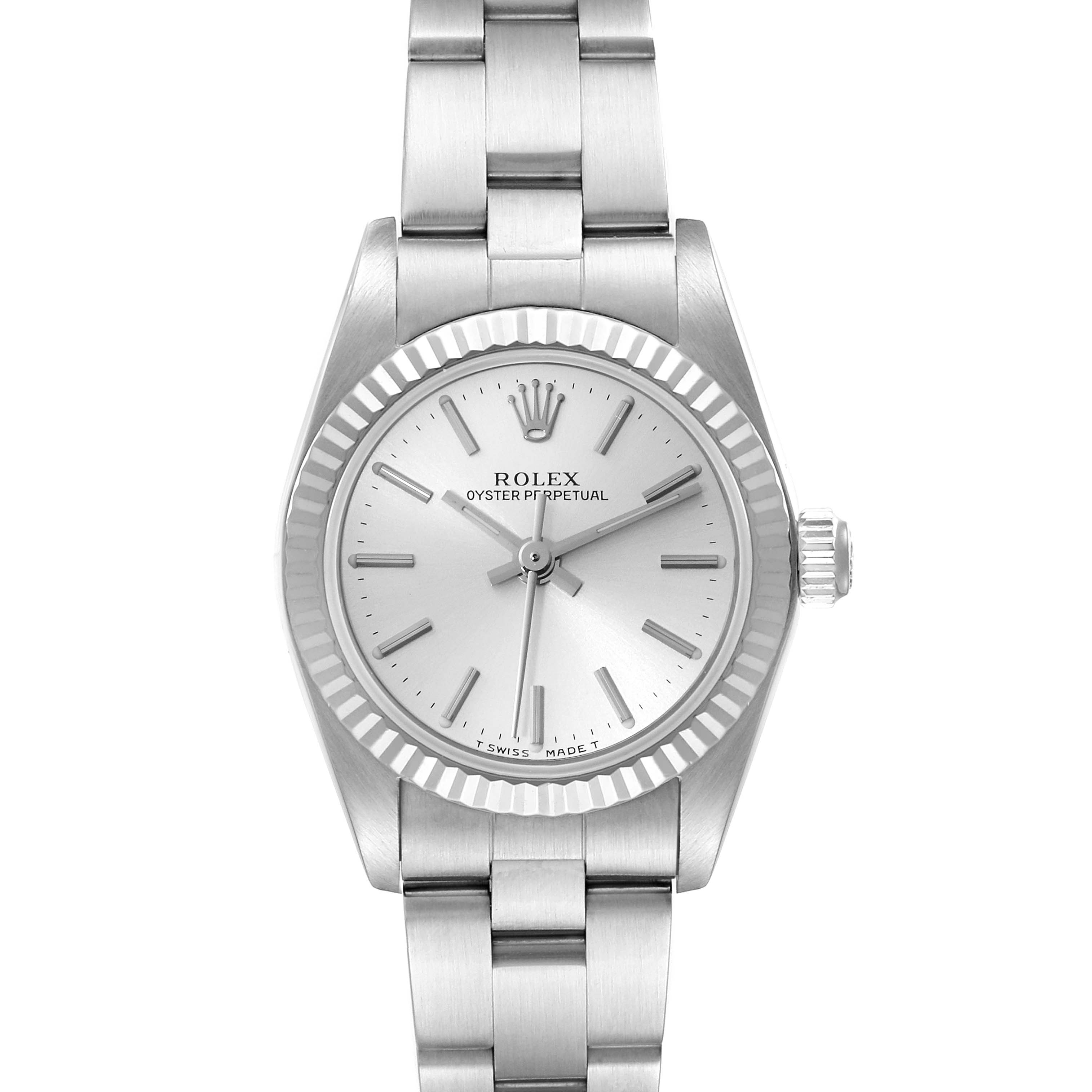 This Rolex Oyster Perpetual 76094 Women's Stainless Steel Silver Dial 76094 Women's Stainless Steel Silver Dial watch is shown from a front angle, displaying the face, bezel, and part of the bracelet.