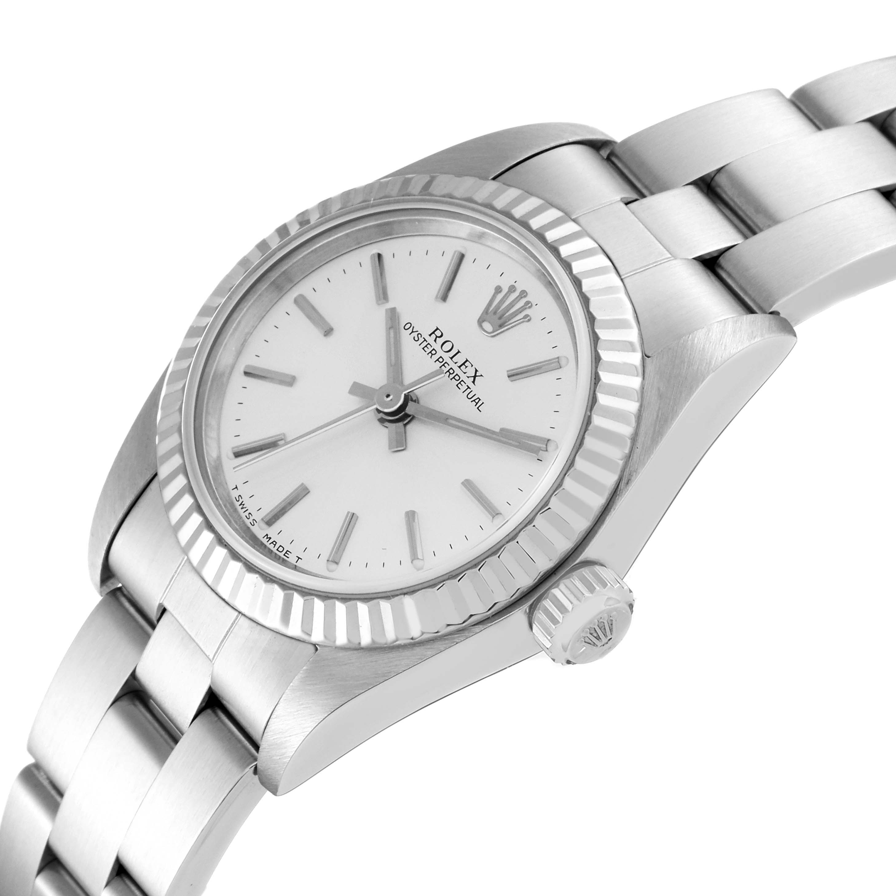 The image shows the face, bezel, lugs, and bracelet of the Rolex Oyster Perpetual 76094 Women's Stainless Steel Silver Dial 76094 Women's Stainless Steel Silver Dial watch from a slight angle.