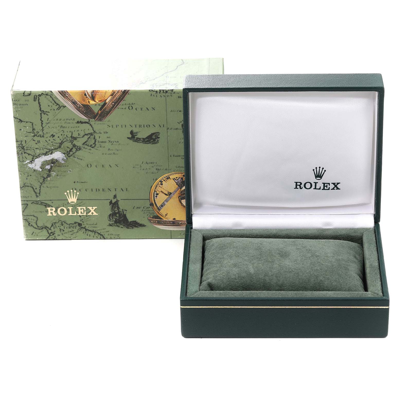 The image shows the open green presentation box and outer packaging for a Rolex Oyster Perpetual 76094 Women's Stainless Steel Silver Dial 76094 Women's Stainless Steel Silver Dial watch.