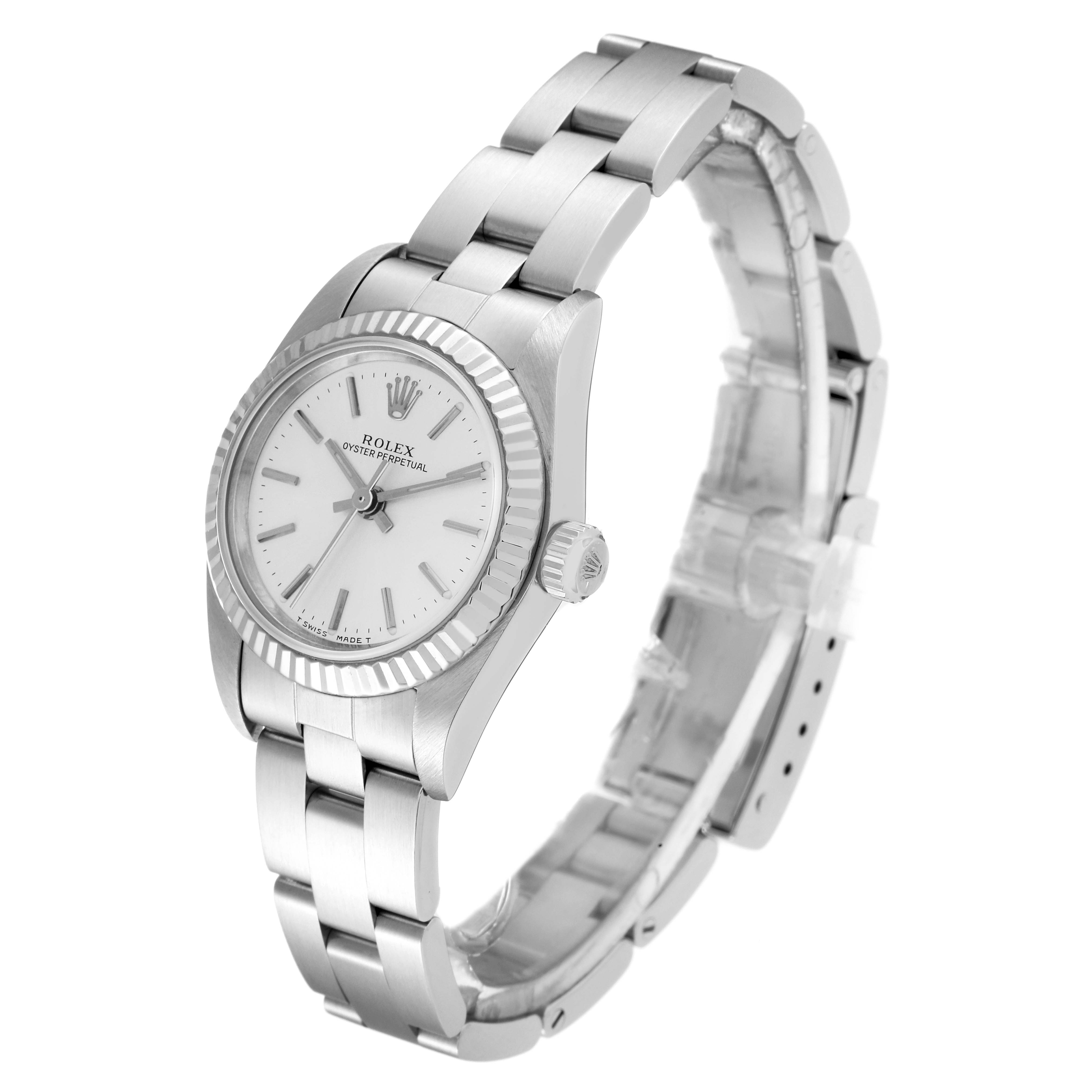 This image shows a Rolex Oyster Perpetual 76094 Women's Stainless Steel Silver Dial 76094 Women's Stainless Steel Silver Dial watch in a three-quarter view, displaying the face, bezel, crown, and bracelet.