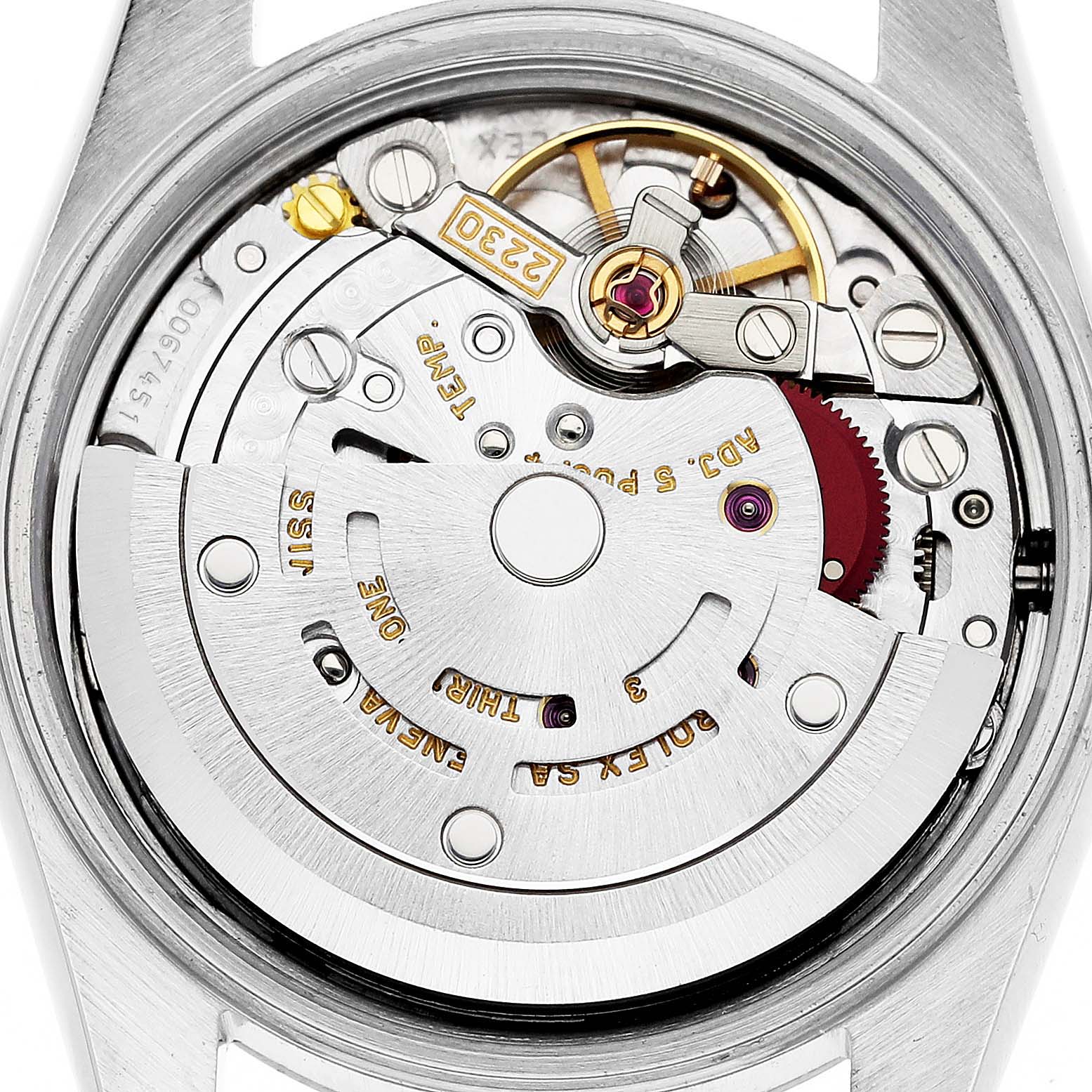 This image shows the inner mechanism and movement components of a Rolex Oyster Perpetual 76094 Women's Stainless Steel Silver Dial 76094 Women's Stainless Steel Silver Dial watch.
