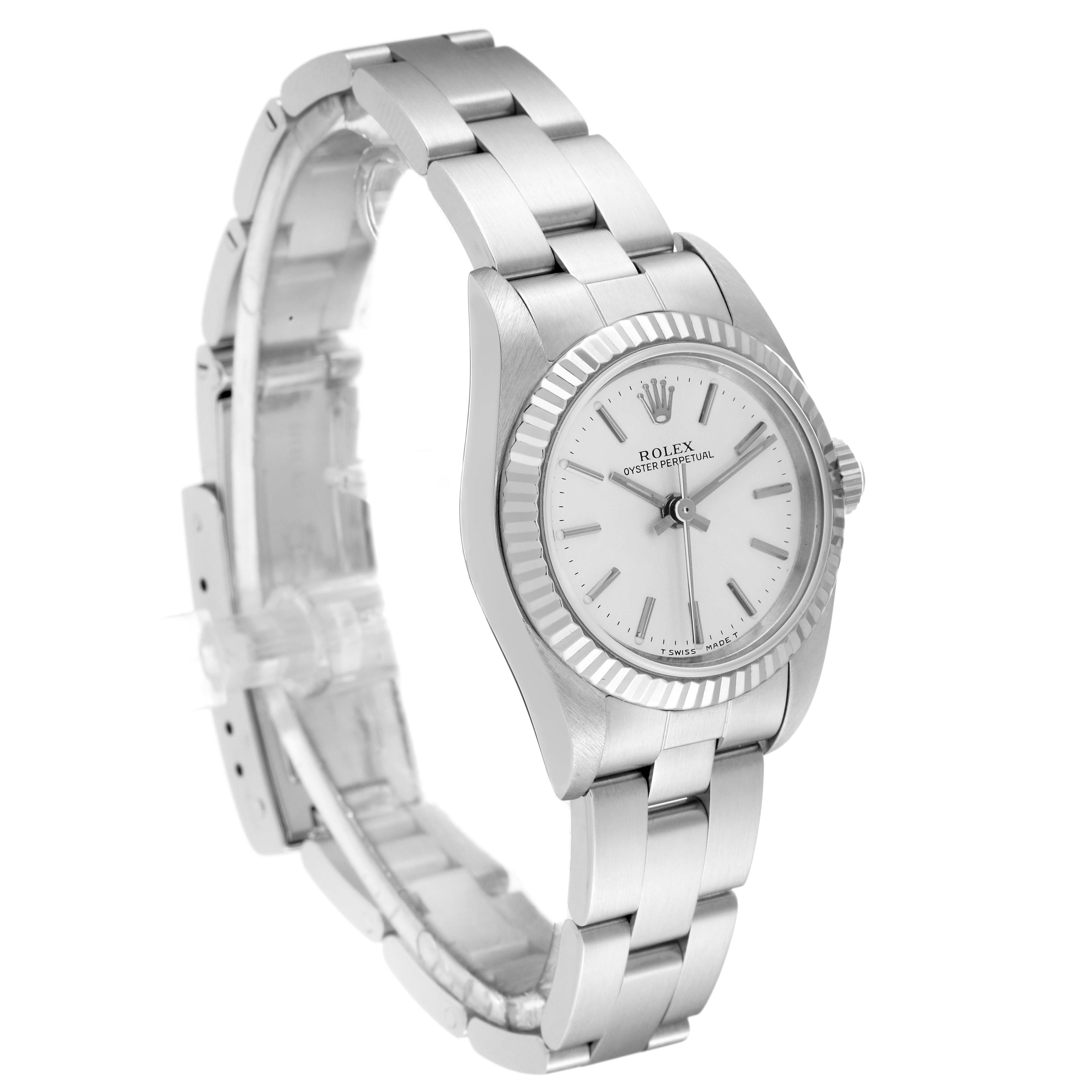 The image shows a side angle of a Rolex Oyster Perpetual 76094 Women's Stainless Steel Silver Dial 76094 Women's Stainless Steel Silver Dial watch, highlighting the bracelet, bezel, and dial.