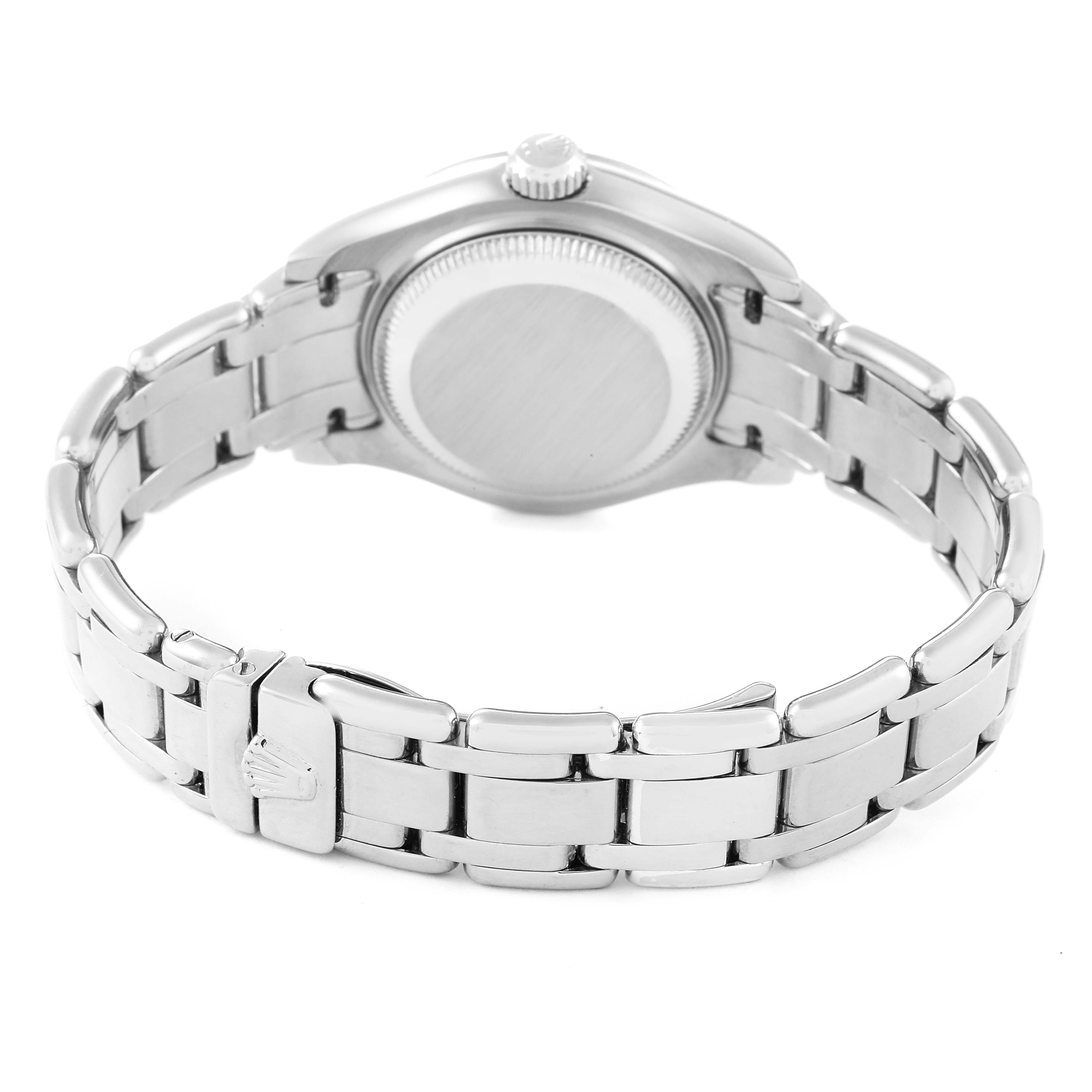 The image shows the back of a Rolex Pearlmaster 69299 Women
s White Gold Blue Dial 69299 Women
s White Gold Blue Dial watch, highlighting its bracelet and clasp.