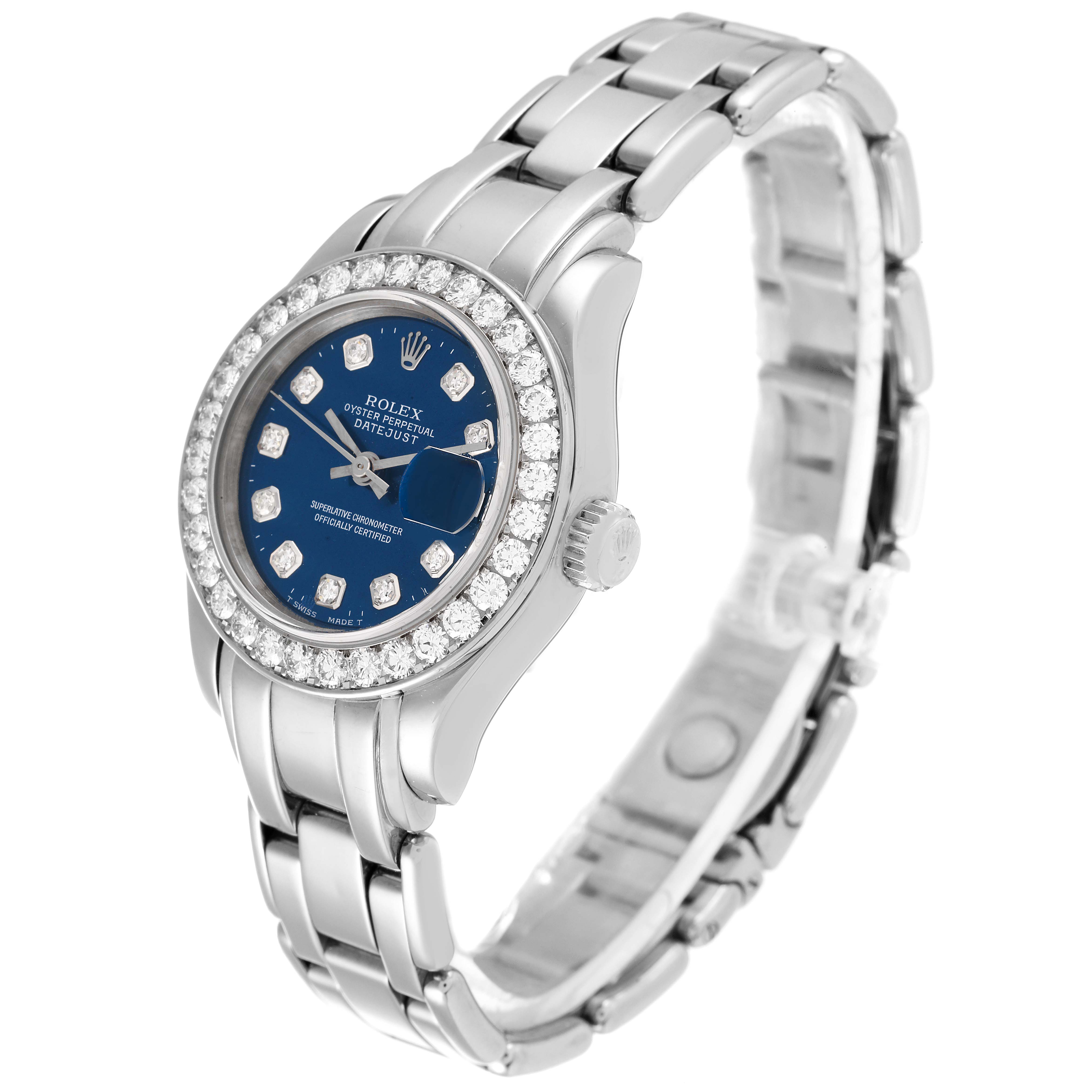 The Rolex Pearlmaster 69299 Women
s White Gold Blue Dial 69299 Women
s White Gold Blue Dial watch is shown at an angle displaying the face, bezel, and bracelet.
