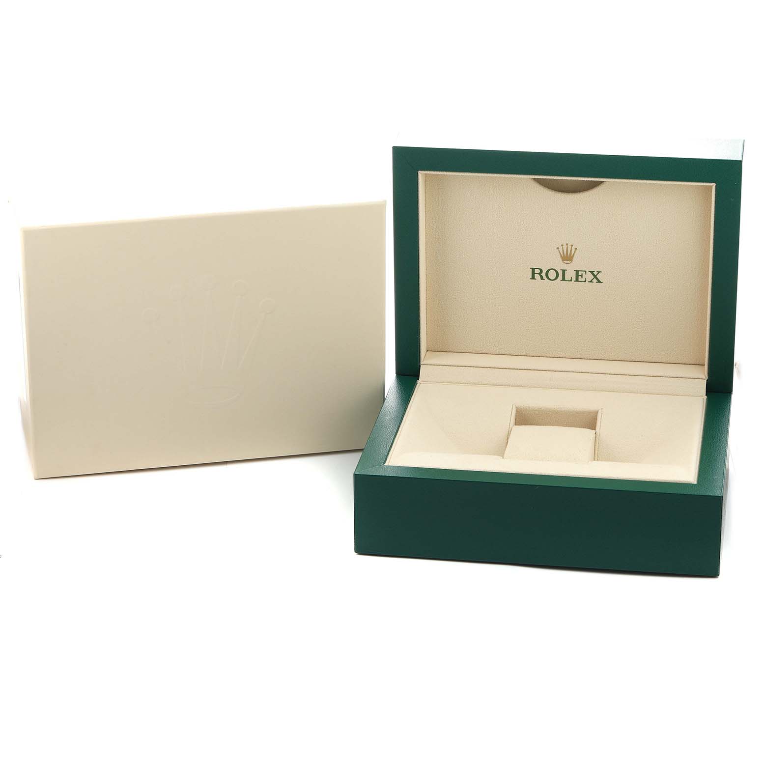 The image shows an open Rolex Pearlmaster 81285 Women's Rose Gold Brown Dial watch box at an angle, displaying its interior and outer packaging.