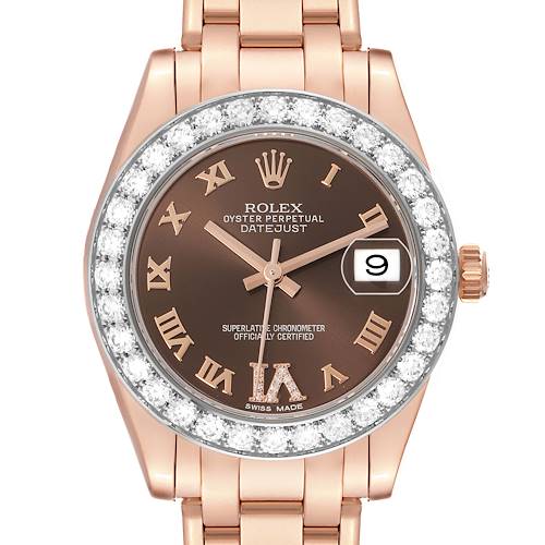 The Rolex Pearlmaster 81285 Women's Rose Gold Brown Dial watch is shown from a front angle, displaying the dial, diamond bezel, and part of the bracelet.