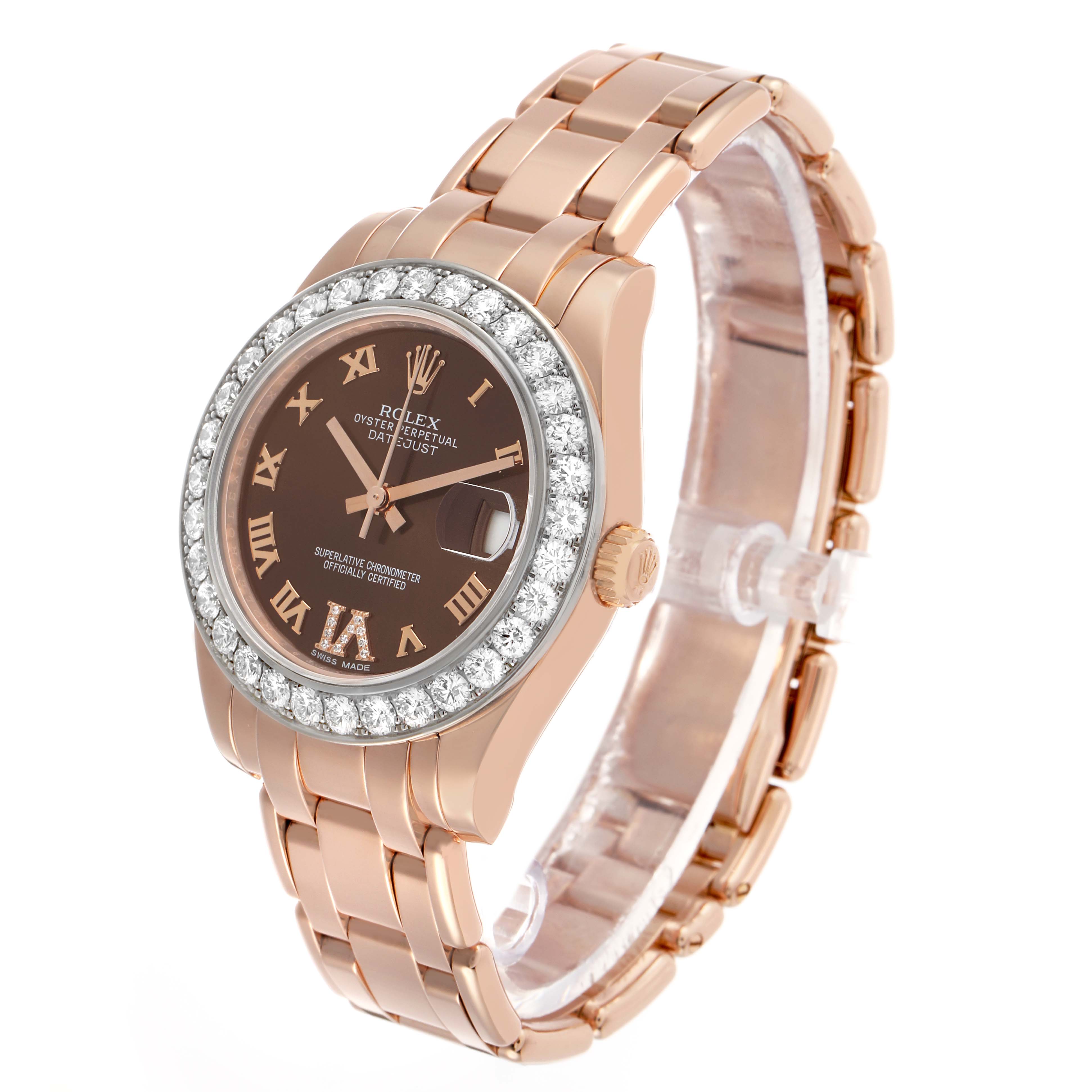 The Rolex Pearlmaster 81285 Women's Rose Gold Brown Dial watch is shown at an angled frontal view, displaying the bezel, dial, and bracelet.