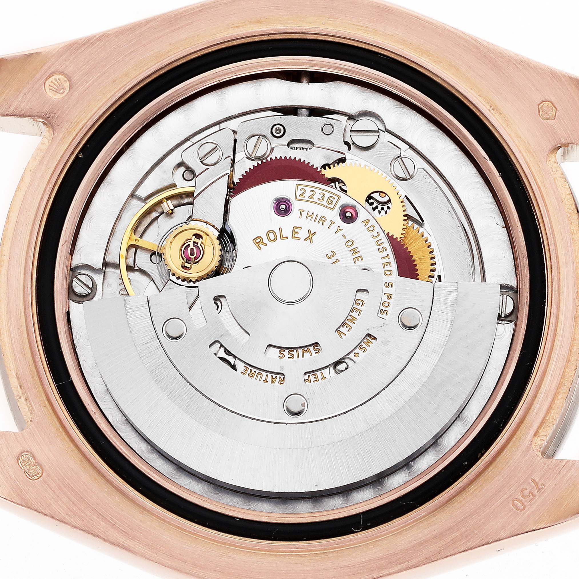 The image shows the Rolex Pearlmaster 81285 Women's Rose Gold Brown Dial watch from the back, highlighting its intricate movement mechanism.