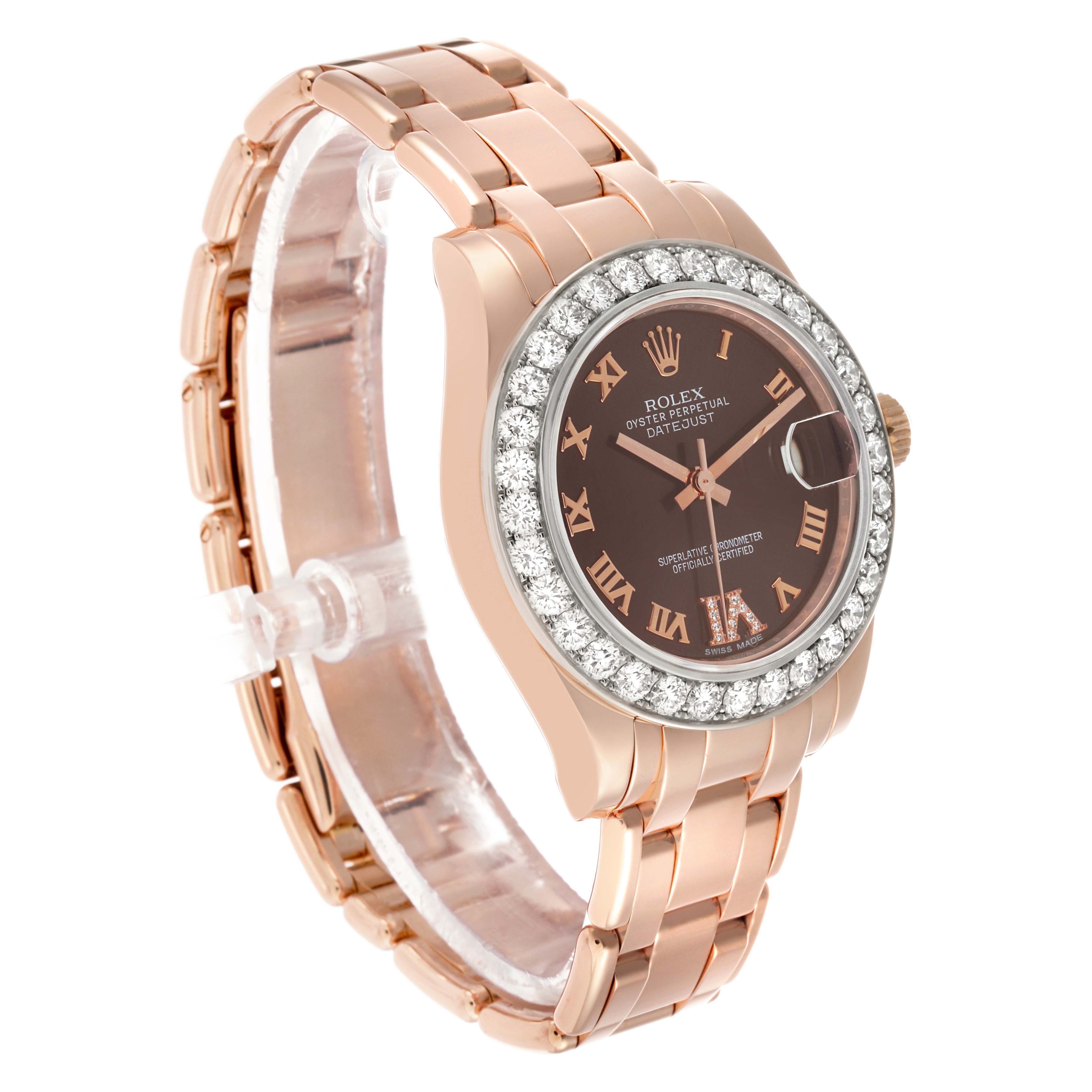 The Rolex Pearlmaster 81285 Women's Rose Gold Brown Dial watch is shown from a three-quarter angle, highlighting its diamond bezel, dial, and bracelet.