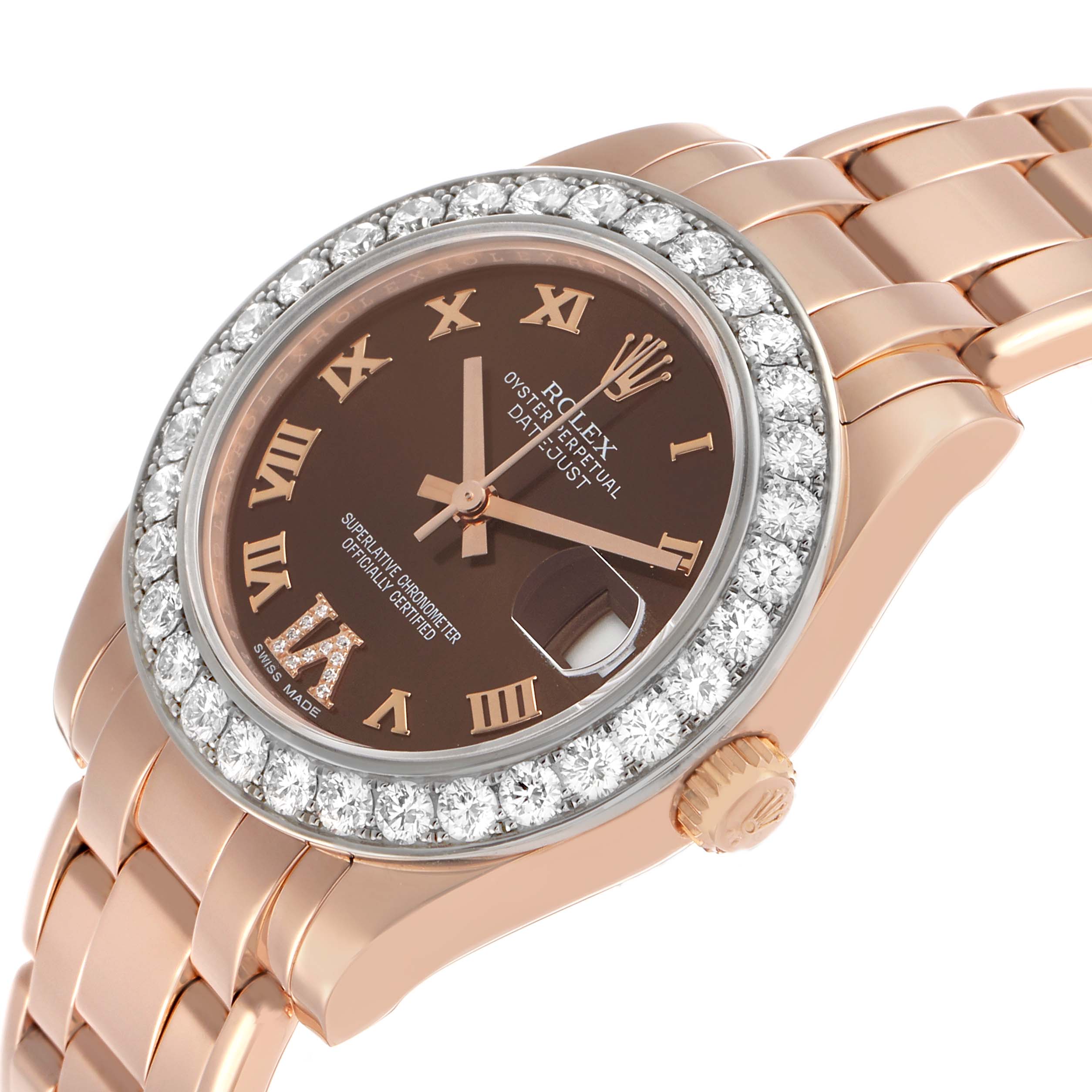 The Rolex Pearlmaster 81285 Women's Rose Gold Brown Dial watch is shown at a slight angle, highlighting the diamond bezel, brown dial, and rose gold bracelet.
